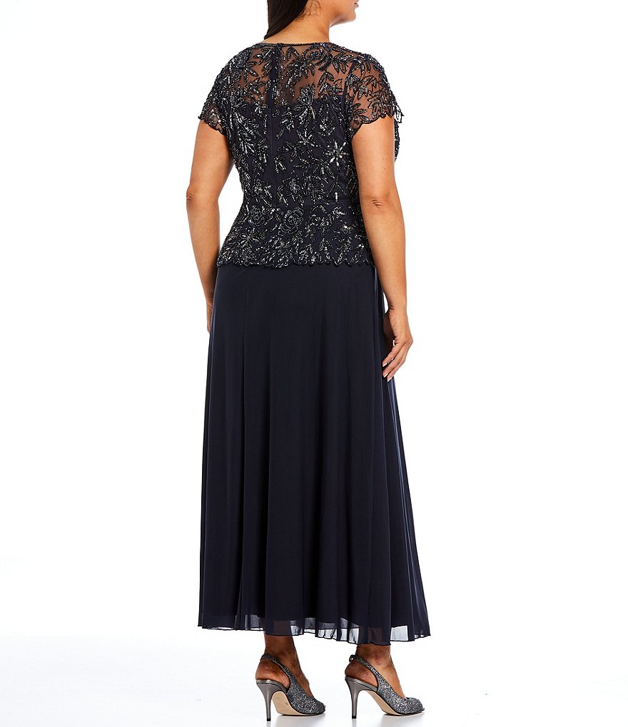 Pisarro Nights Plus Size Floral Vines Beaded Short Sleeve Peplum Flounce Bodice Chiffon Skirted Dress