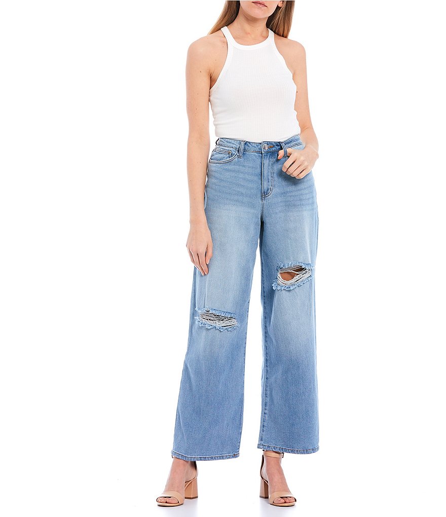 YMI Jeanswear High Rise Cropped Frayed Wide Leg Jeans
