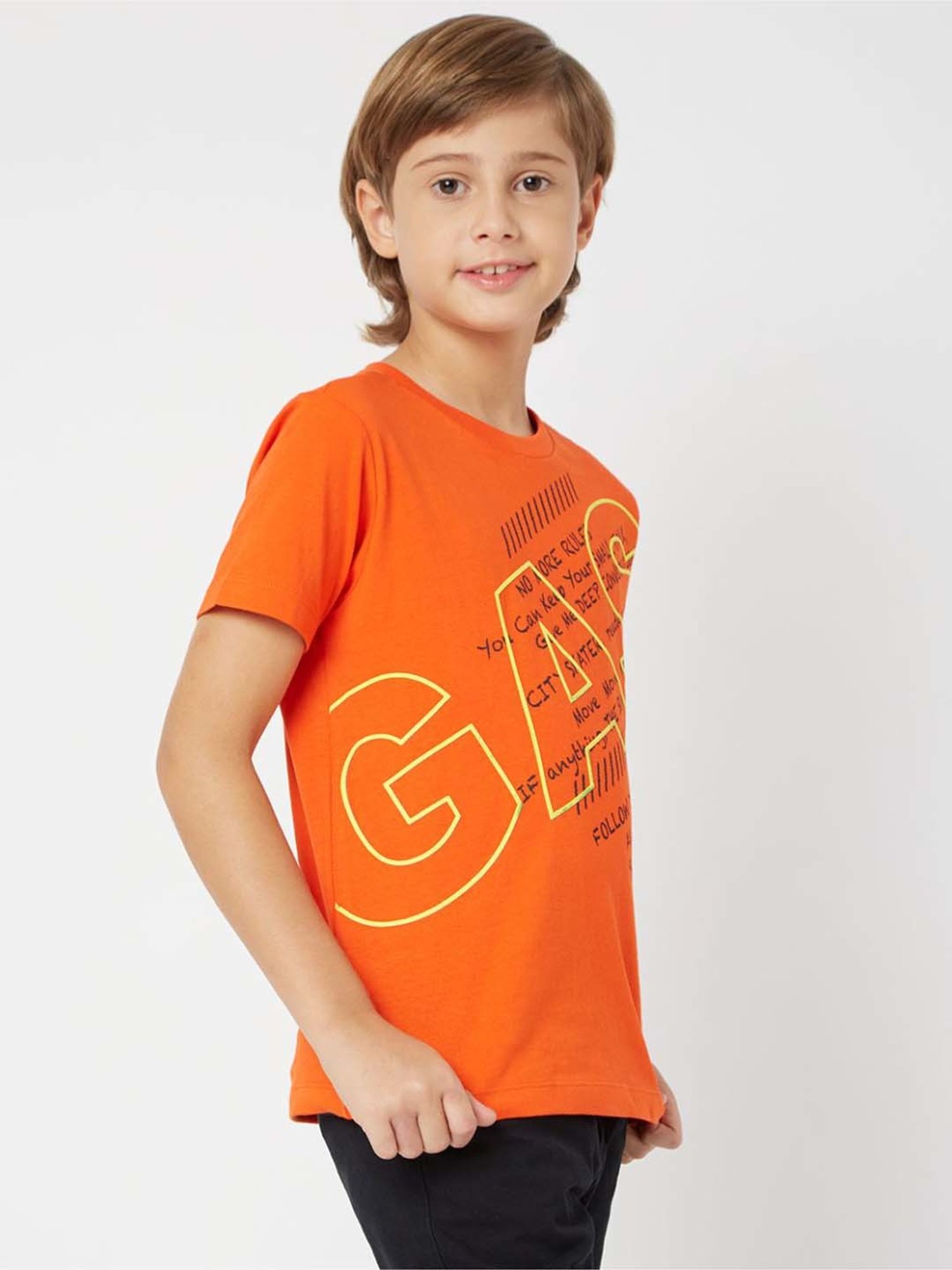 Gas Kids Orange Cotton Printed T-Shirt