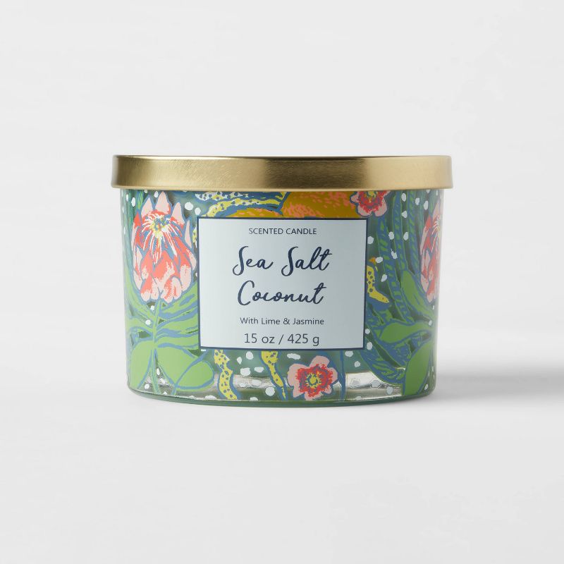 15oz Lidded Glass Jar Front Label Floral and Coconut Print 3-Wick Sea Salt Coconut Candle - Opalhouse™