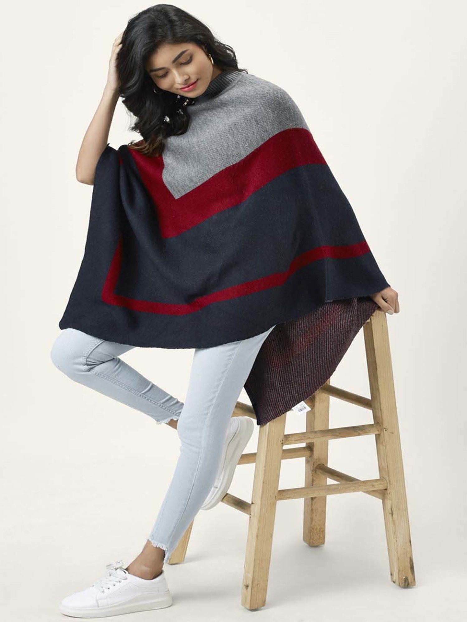 Honey by Pantaloons Maroon & Grey Jacquard Pattern Poncho