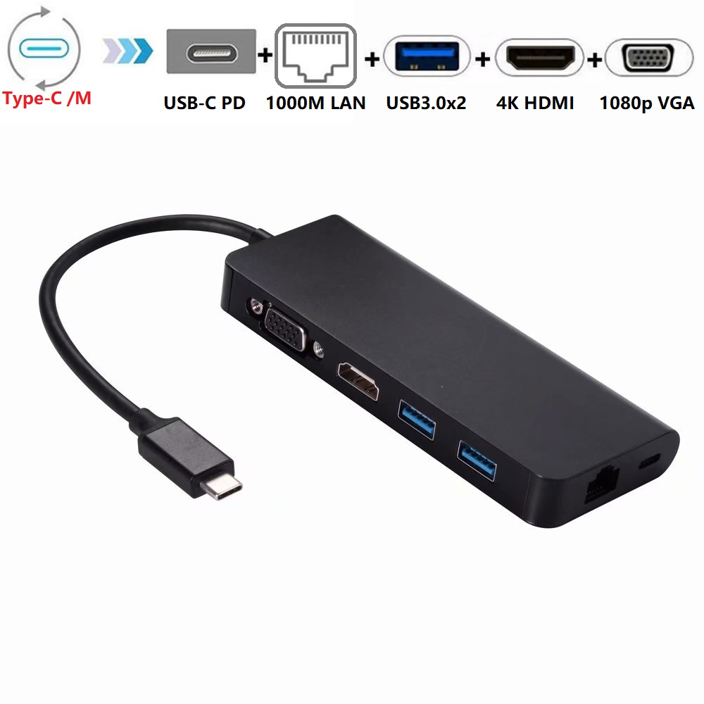 6-in-1 Type-C Dongle with 4K HDMI 1080p VGA Gigabit LAN 60W PD 2 x USB3.0 Adapter USB-C HD Video Converter  6in1 USB-C to HDMI VGA RJ45 PD USB HUB.