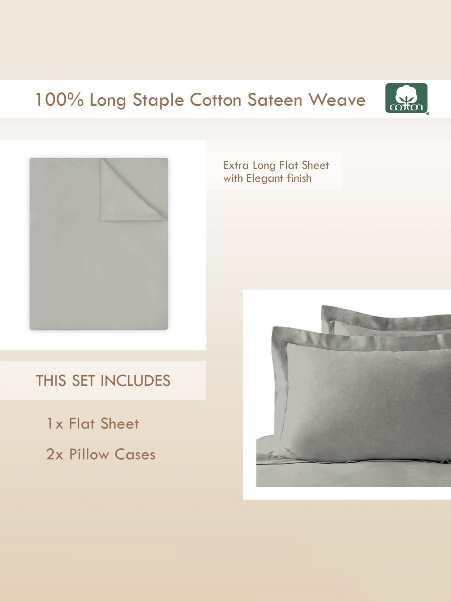 Pizuna Silver 400 TC Cotton King Bed Sheet with 2 Pillow Covers