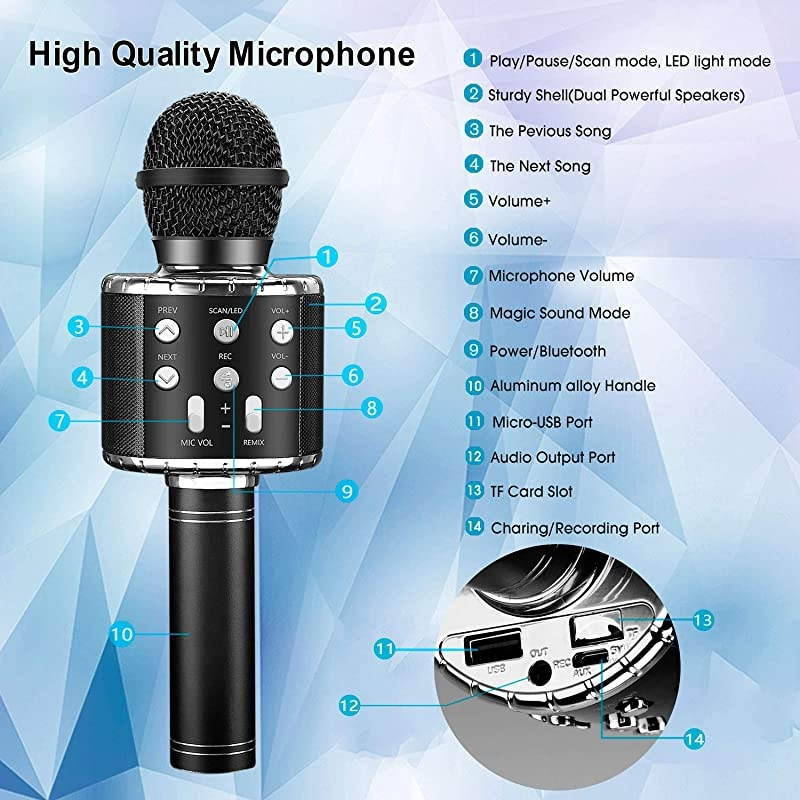 Bluetooth 4 in 1 Karaoke Wireless Microphone with LED Lights, Portable Microphone for Kids, Girls, Boys and Adults (Black)