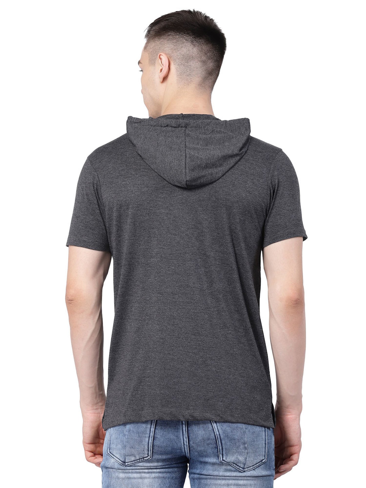 Kalt Dark Grey Melange Regular Fit Striped Hooded T-Shirt