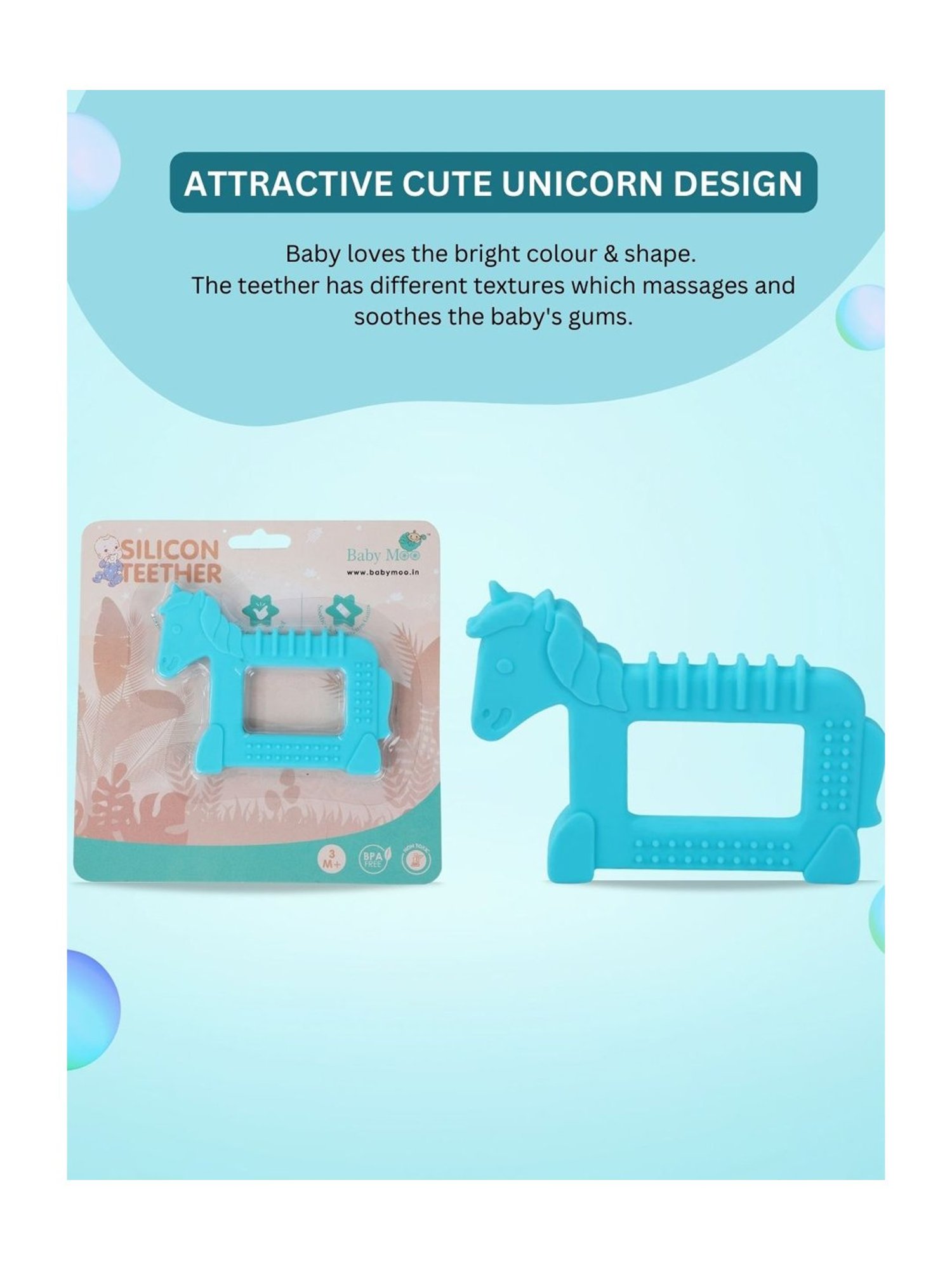 Baby Moo Kids Blue Unicorn Soothing Silicon Teether (BPA & Toxin Free)