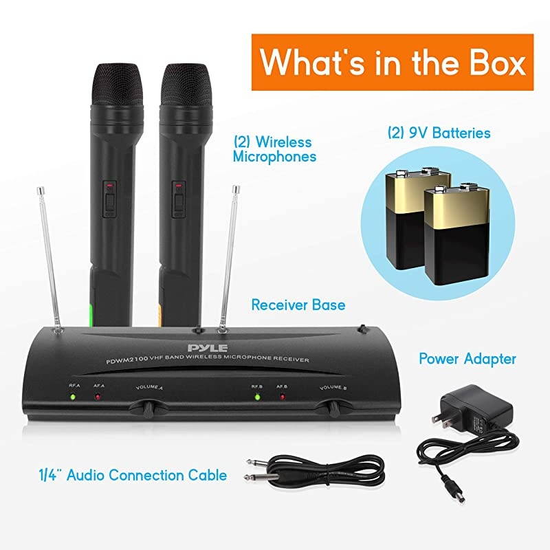 Dual Channel VHF Professional Wireless Microphone System Set with 2 Handheld Microphones, Receiver Base, 1/4'' Audio Connection Cable, Power Adapter - For Karaoke, PA, Public Event - PDWM2100