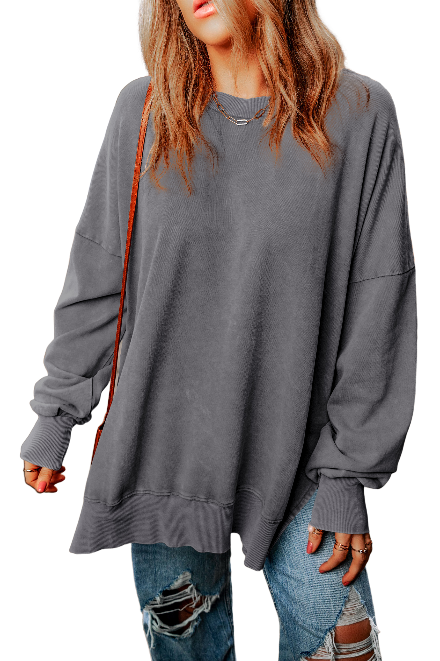 Gray Plain Drop Shoulder Ribbed Trim Oversized Sweatshirt
