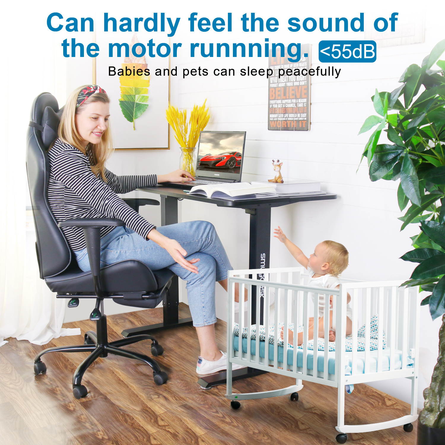 SMUGDESK 55'' x 28'' Electric Gaming Desk , Sit & Standing Racing Gaming Desk, Height Adjustable Table Home Office Desk with Splice Board and Black Frame ,Black