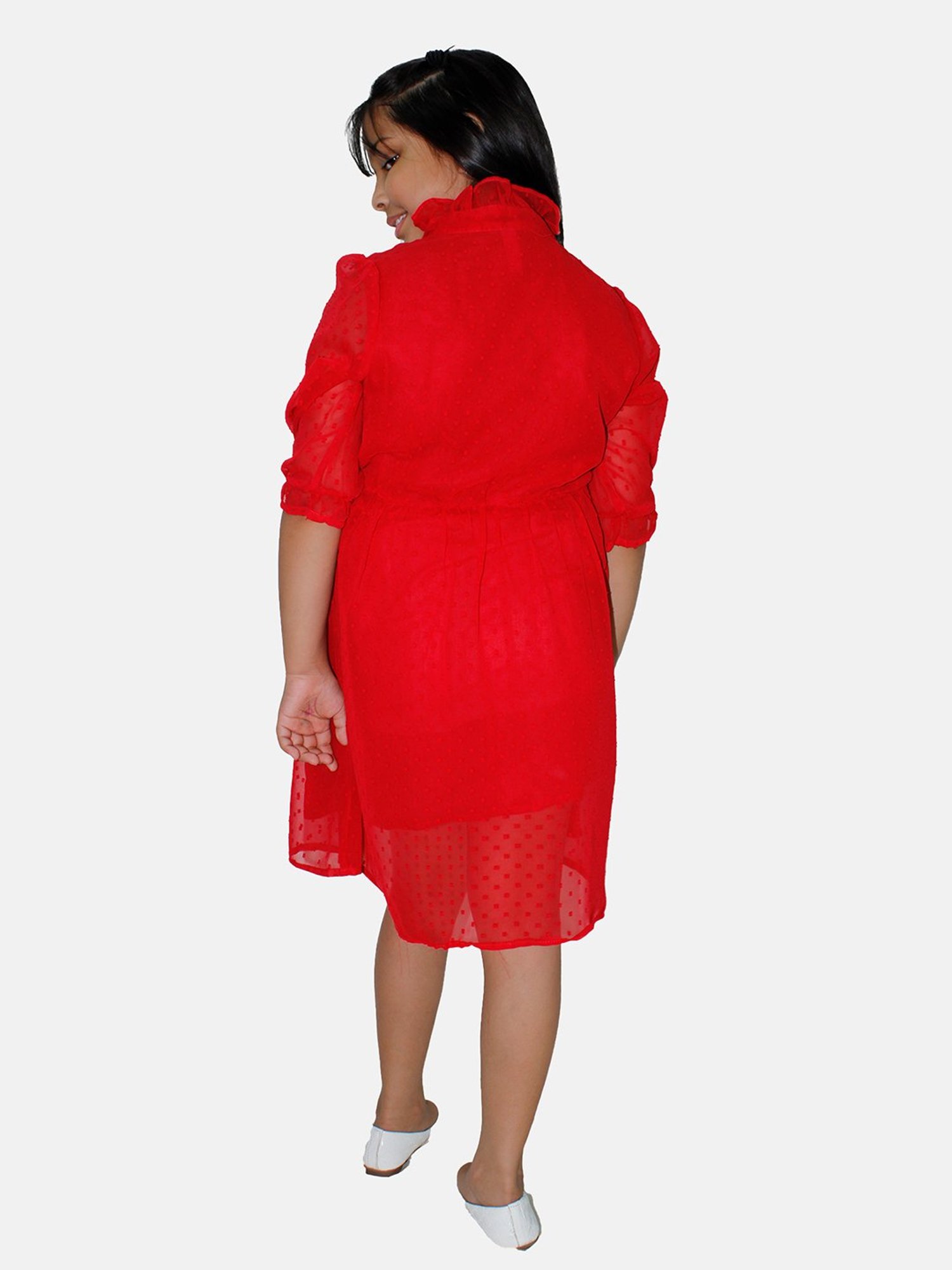 Kiddopanti Kids Red Self Design Full Sleeves Dress