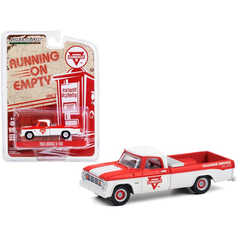 1965 Dodge D-100 Pickup Truck "Conoco Roadside Service" White and Red "Running on Empty" 1/64 Diecast Model Car by Greenlight