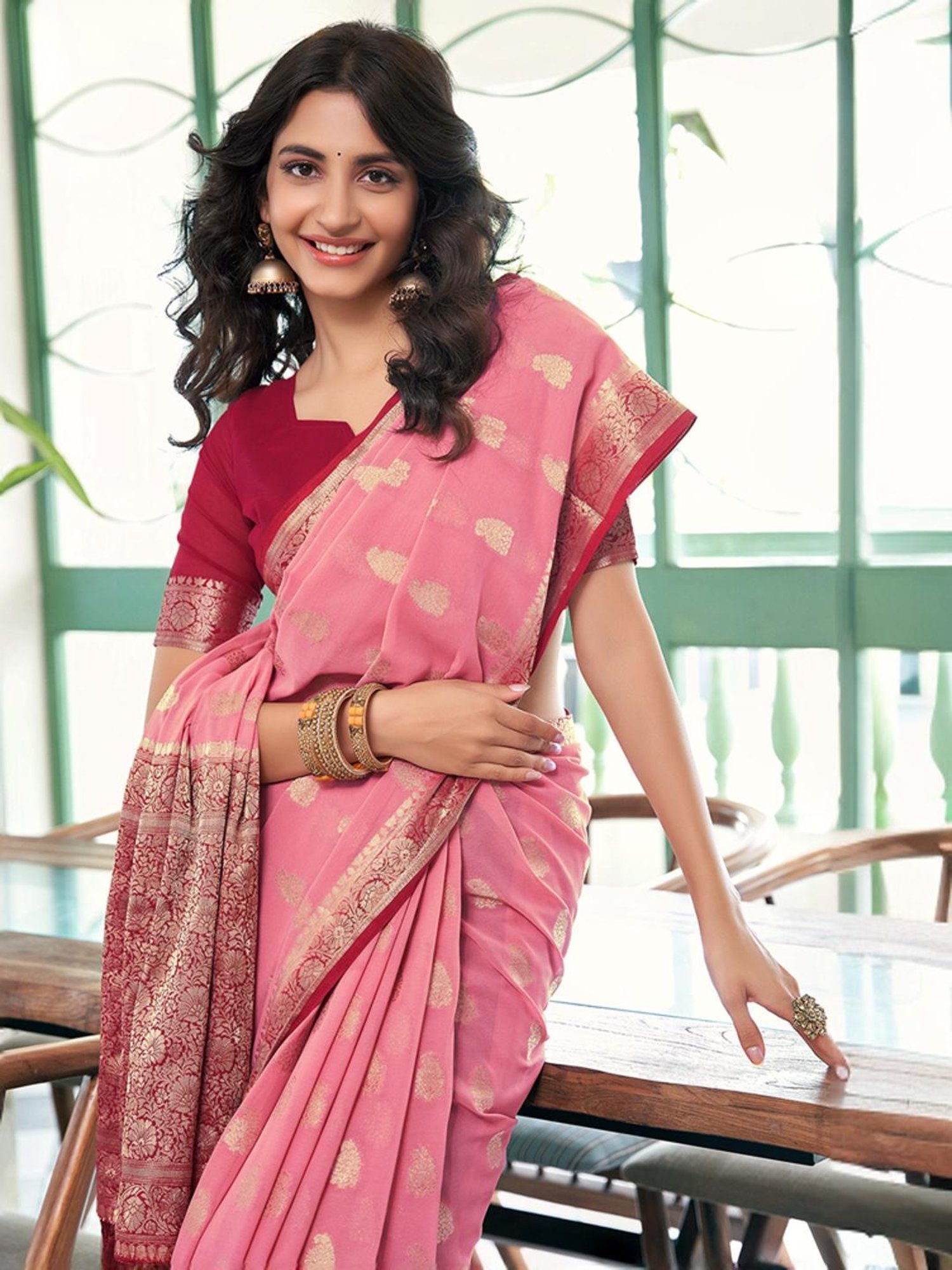 Satrani Pink Woven Saree With Unstitched Blouse