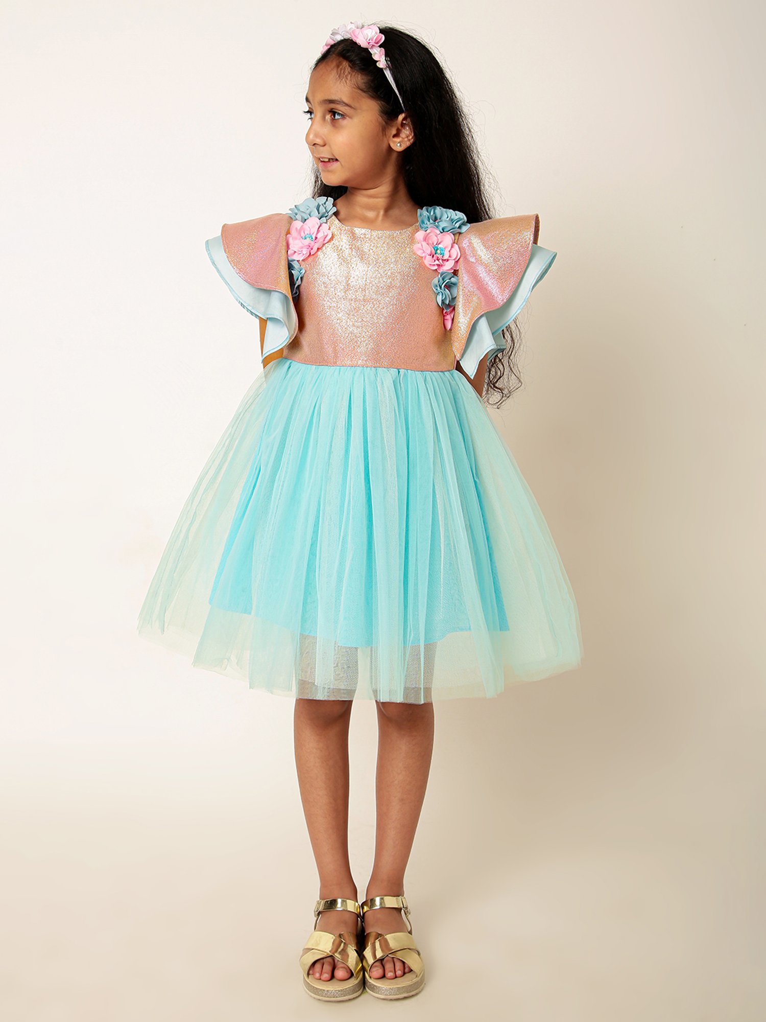 A Little Fable Girls Peach & Blue Shimmer Dress