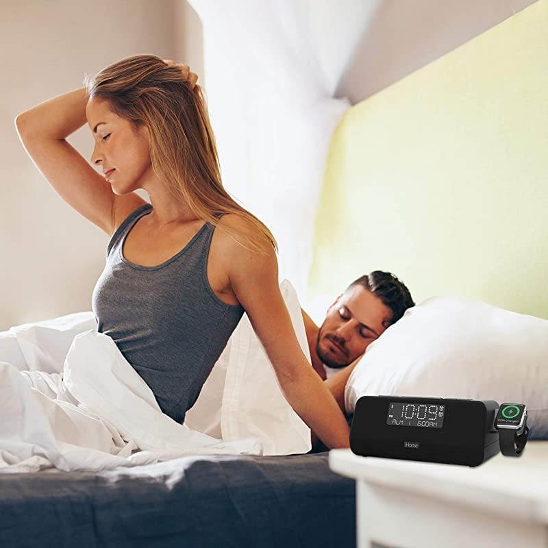 IWBT5 Bluetooth Alarm Clock FM Stereo Radio, Apple Watch Charging, Dual USB Charging Ports, Speakerphone, and Dual Alarm Bedside Desk Clock