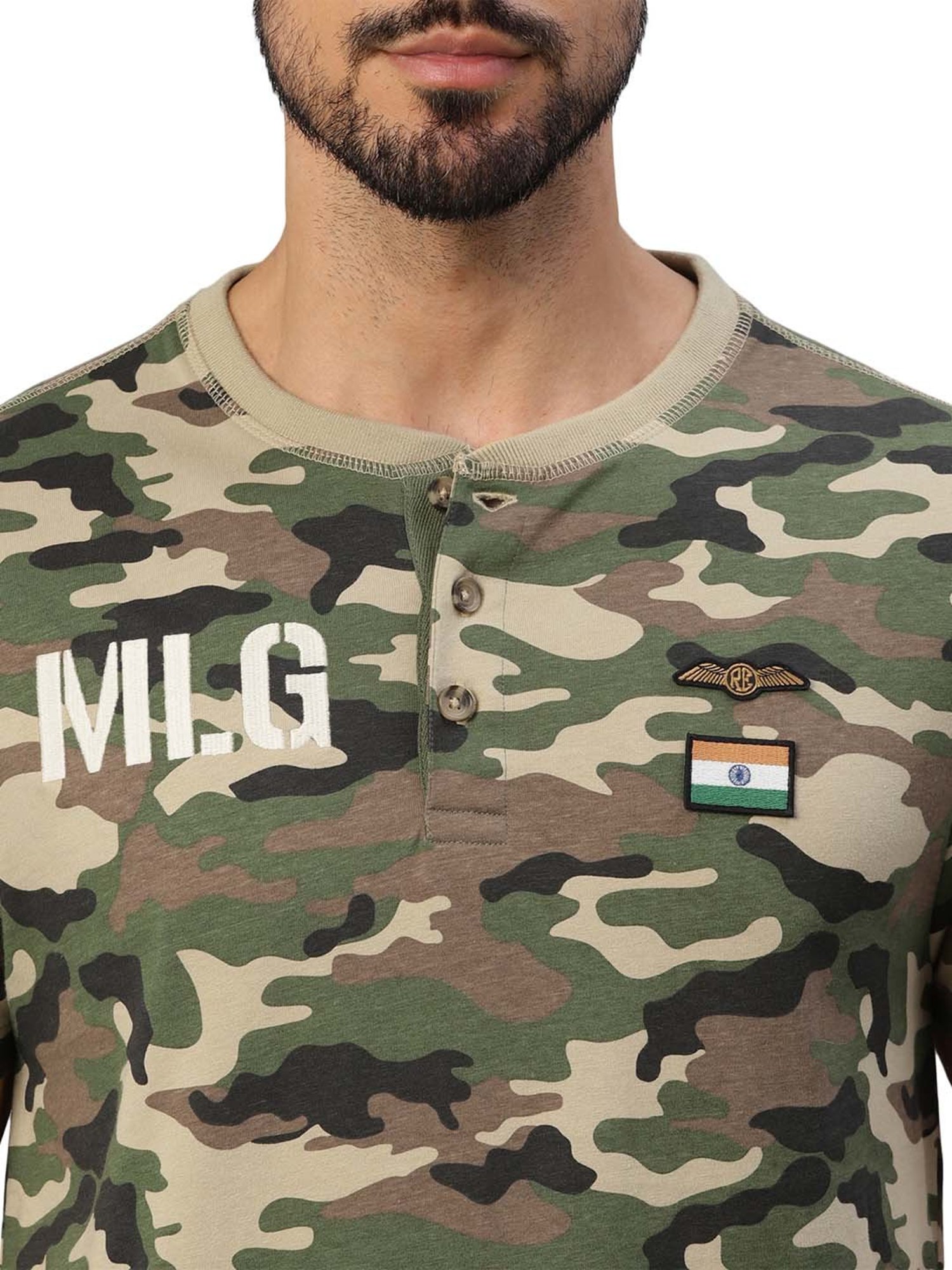 Royal Enfield MLG Urban Olive Regular Fit Camo Print Henley T-Shirt