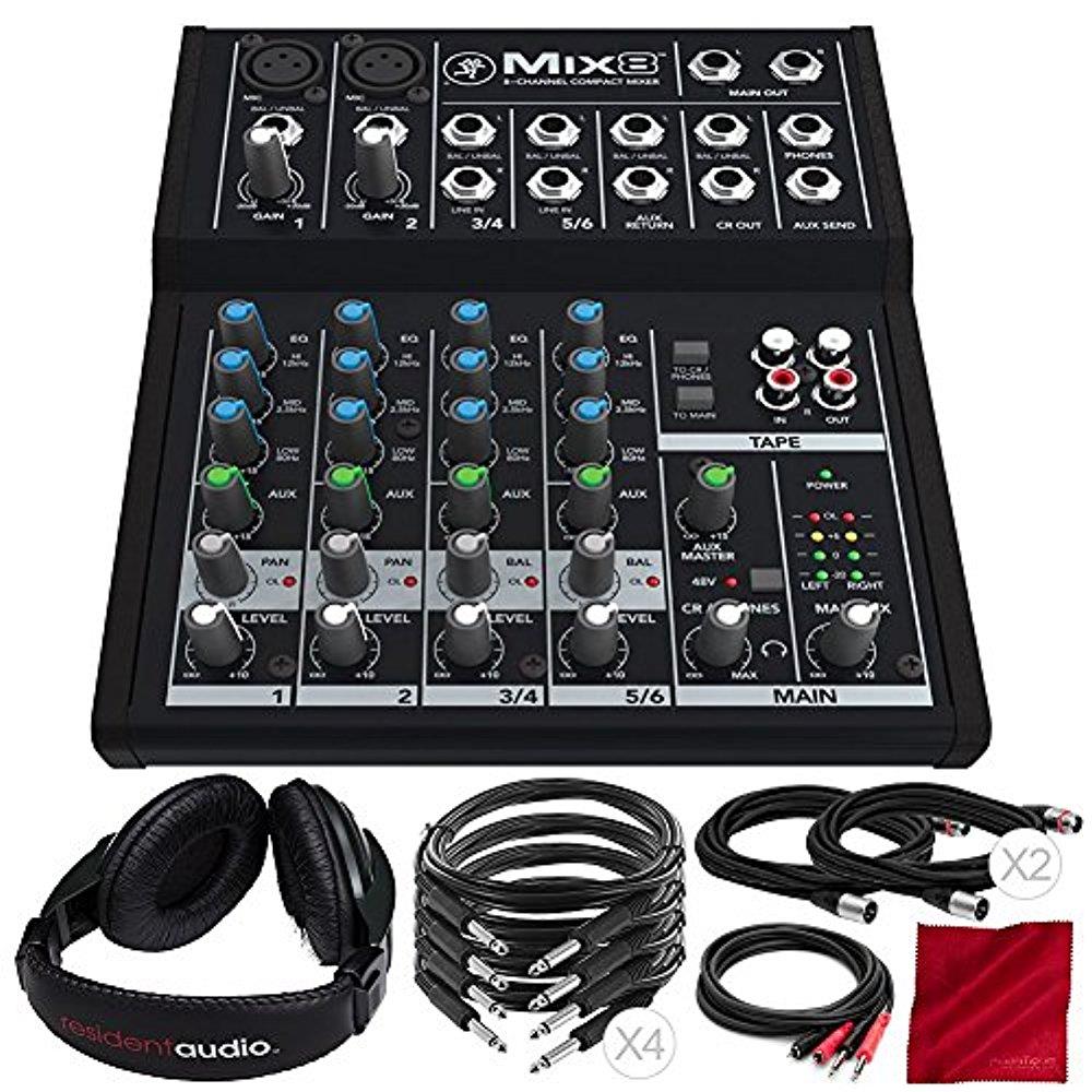 Mackie Mix Series Mix8 8-Channel Compact Mixer and Deluxe Bundle with Closed-Back Headphones + Cables + Fibertique Cleaning Cloth