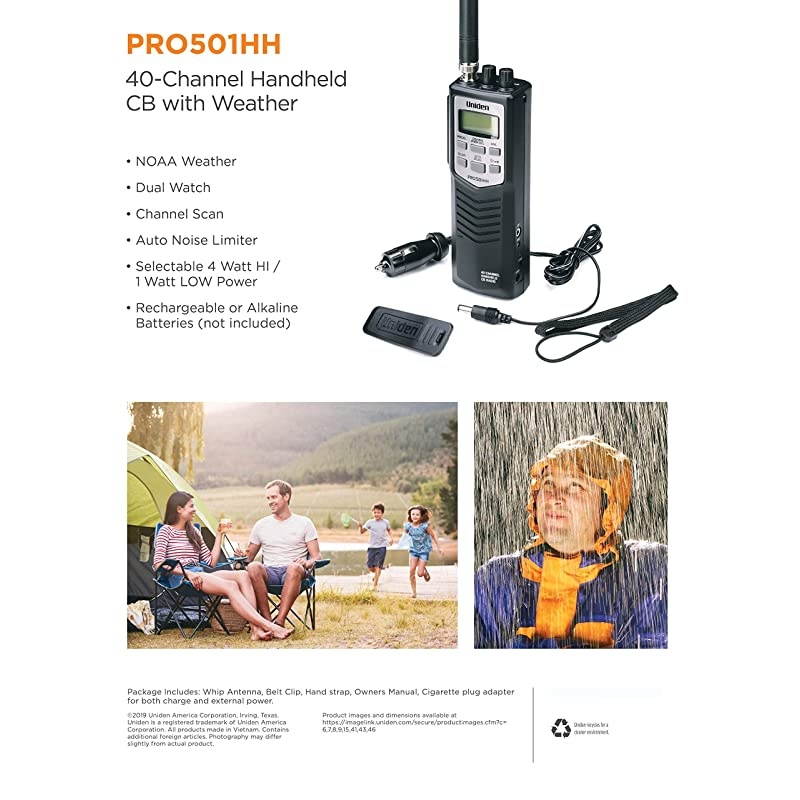 PRO501HH ProSeries 40Channel Portable Handheld CB RadioEmergencyTravel Radio Large LCD Display HighLow Power Saver 4Watts Auto Noise Limiter NOAA Weather and Earphone Jack