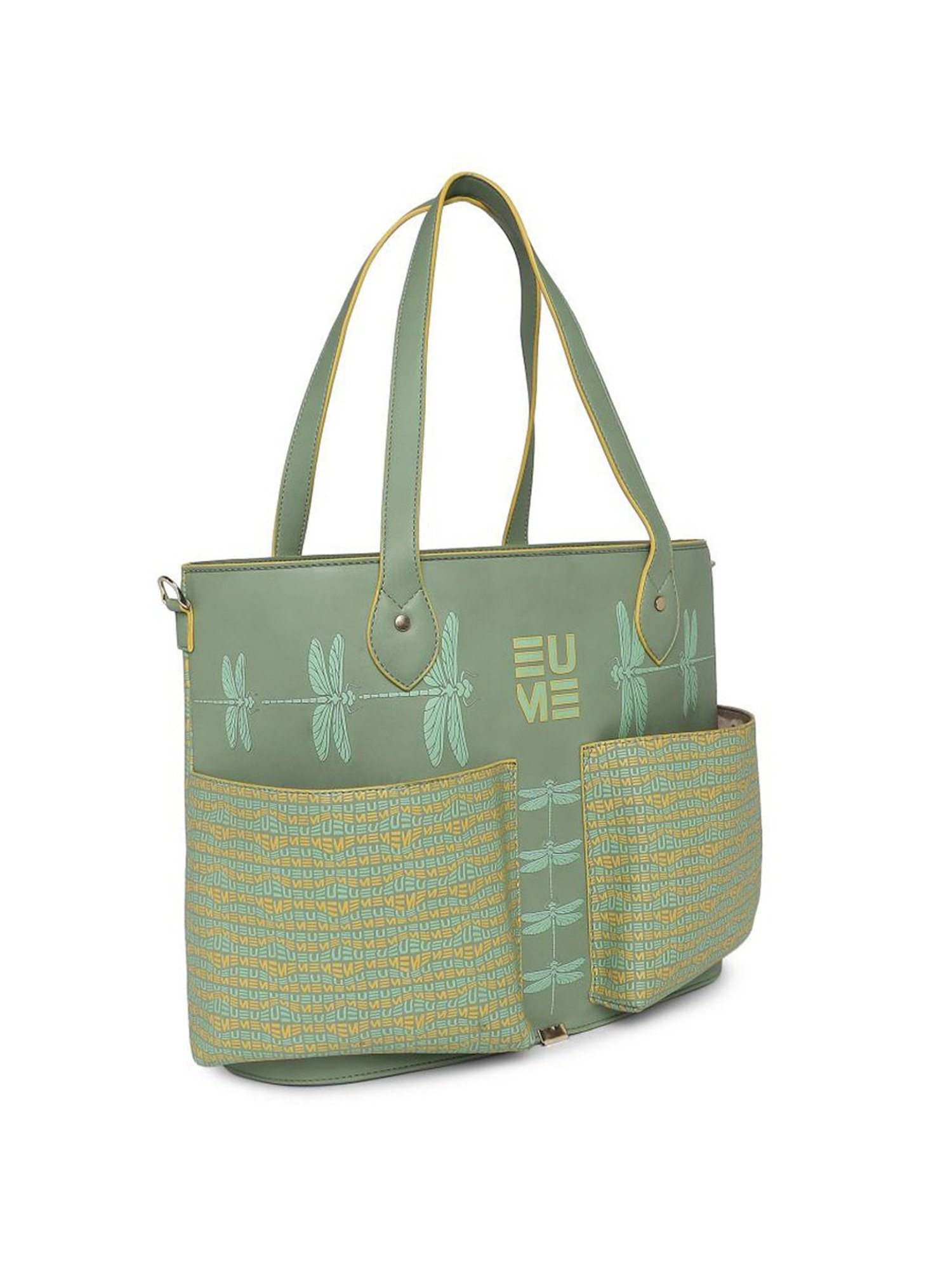 Eume Dragonfly Basil Green Leather Printed Shoulder Handbag