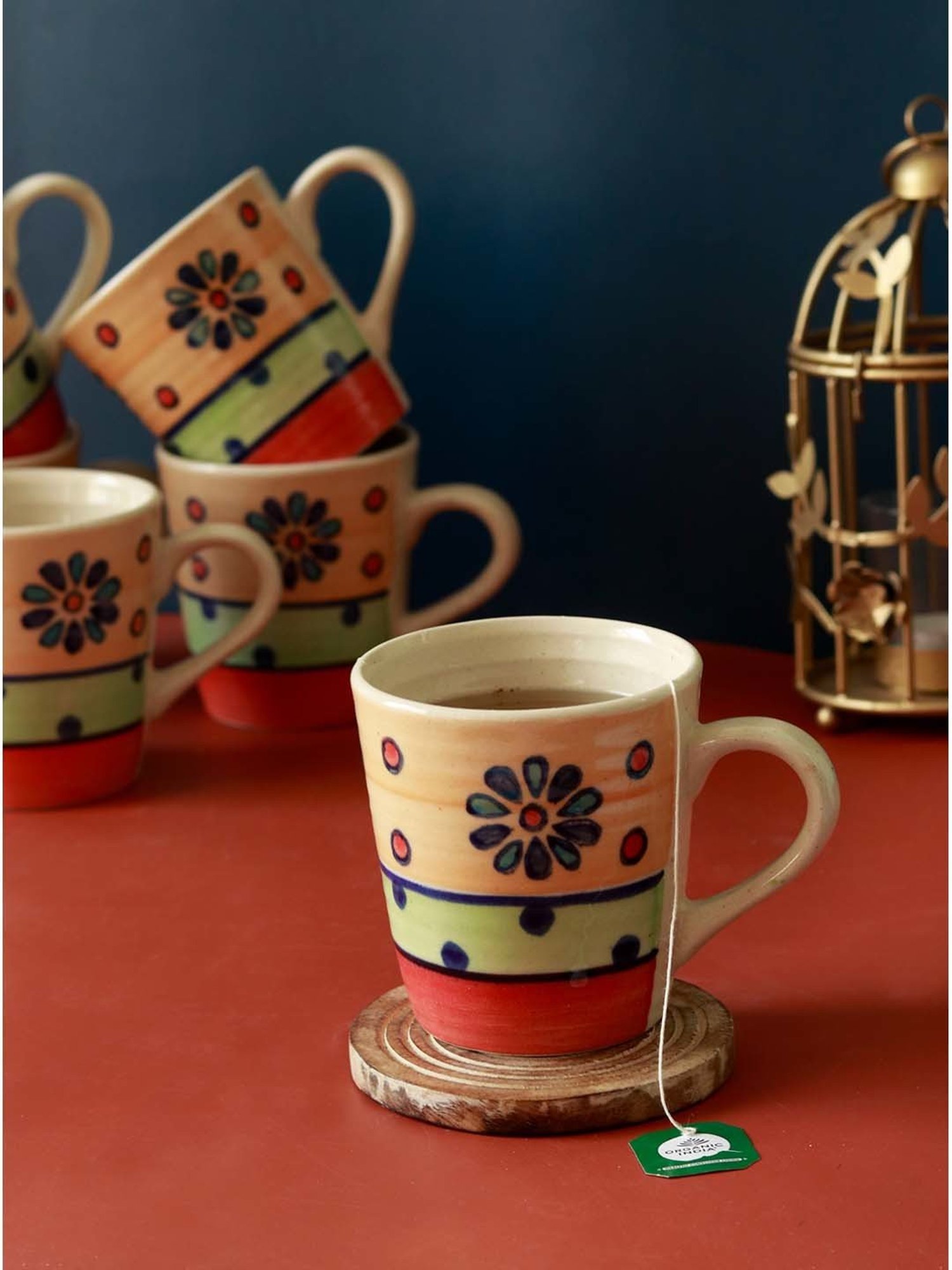 India Circus Floral Blue Bone China Cup Saucer (Set of 8)