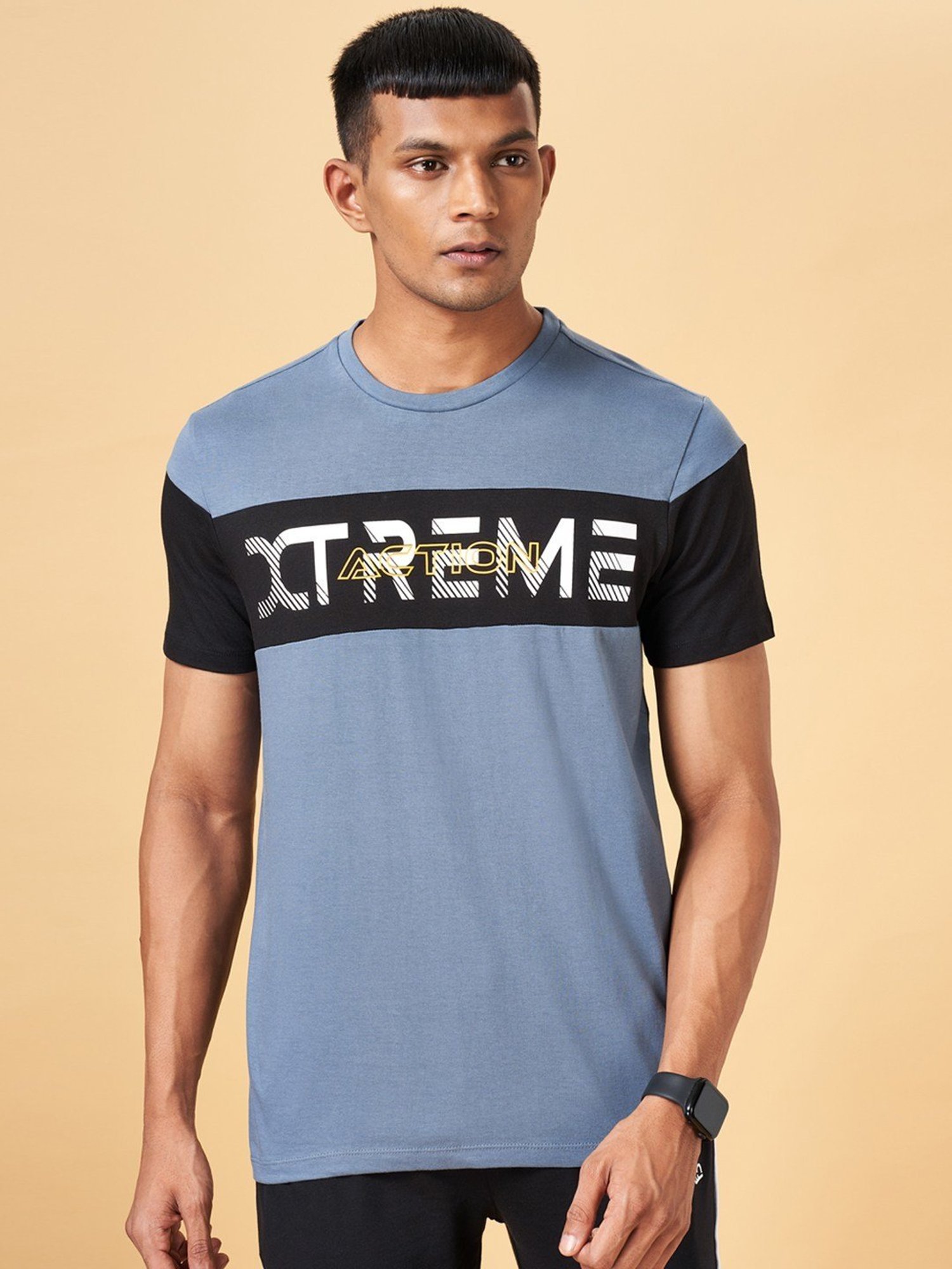 Ajile by Pantaloons Powder Blue & Black Slim Fit Printed T-Shirt