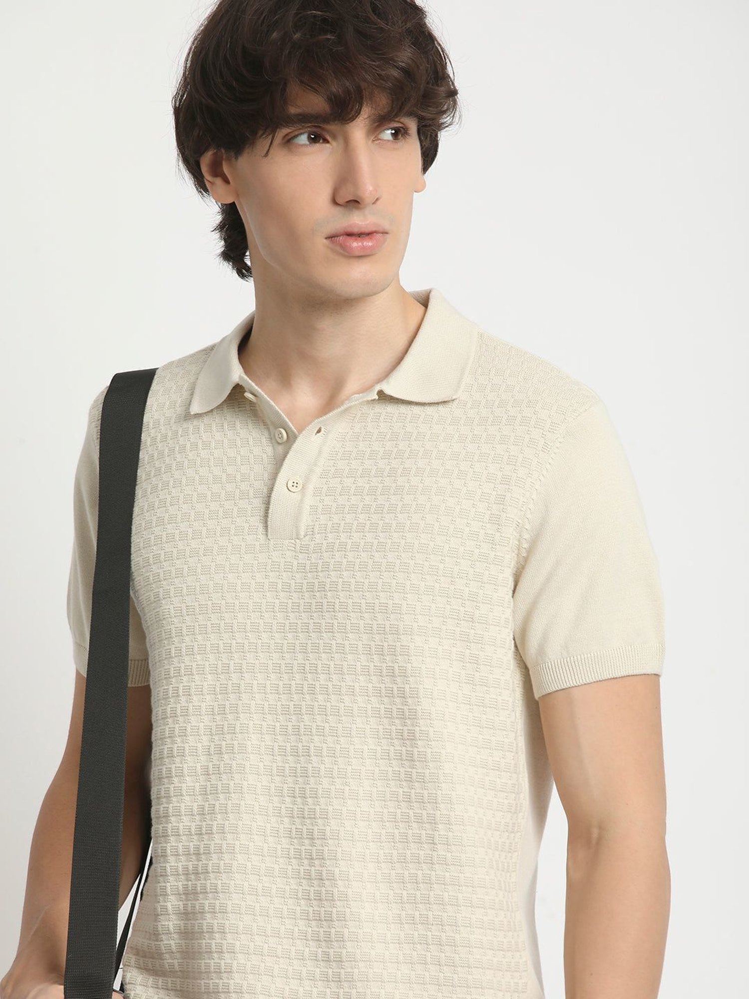 The Bear House Cream Cotton Regular Fit Self Pattern Polo T-Shirt