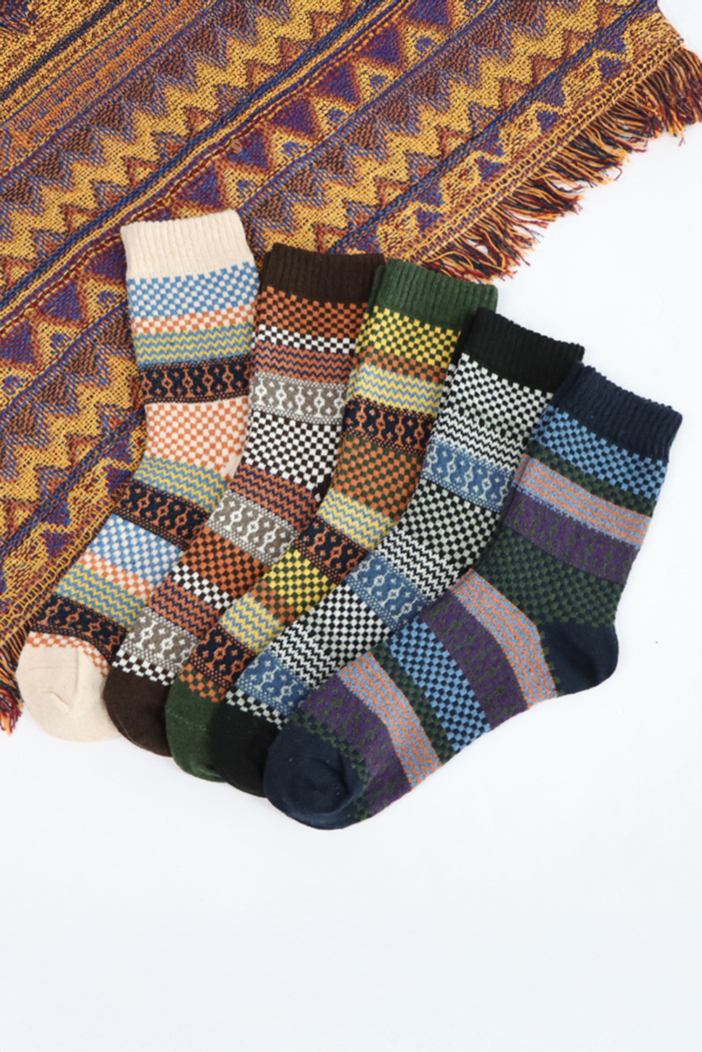 Brown Vintage Jacquard Cotton Crew Socks