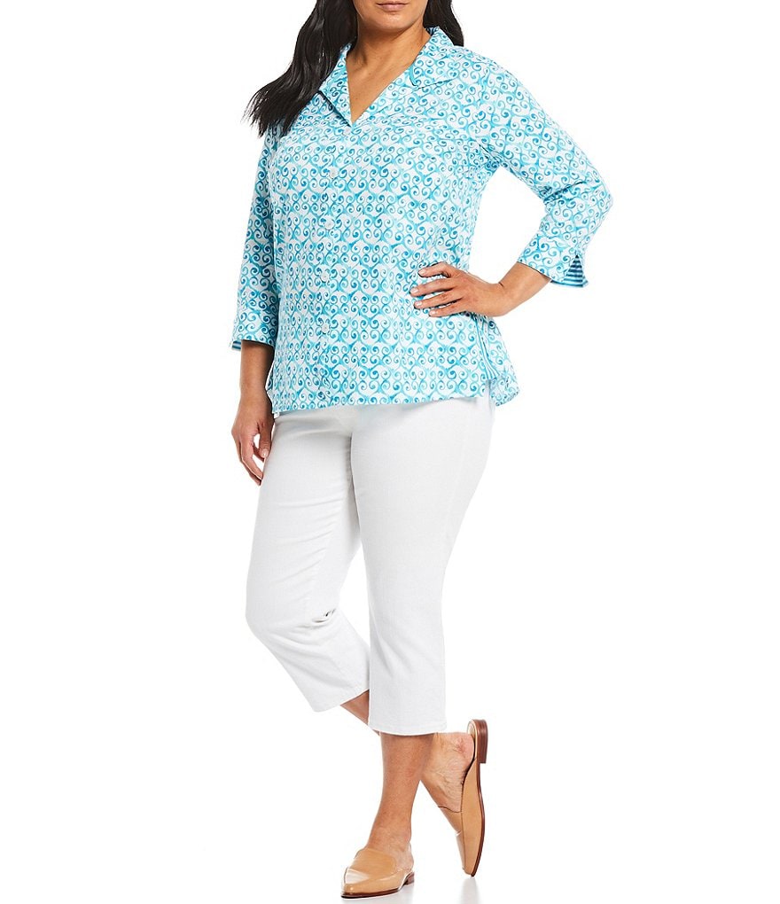 Foxcroft Plus Size Watercolor Trellis Notch Collar Neck 3/4 Sleeve Tunic