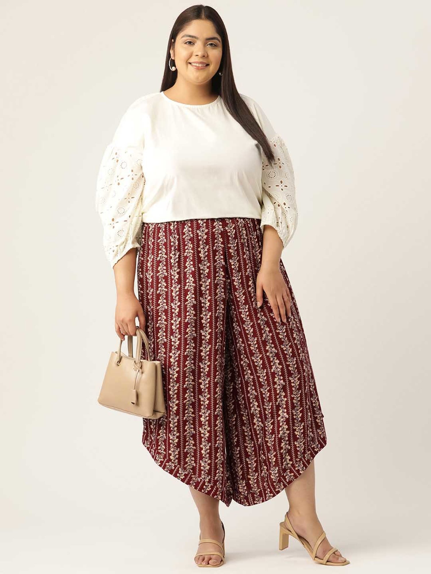 theRebelinme Maroon Floral Print Relaxed Fit High Rise Plus Size Culottes