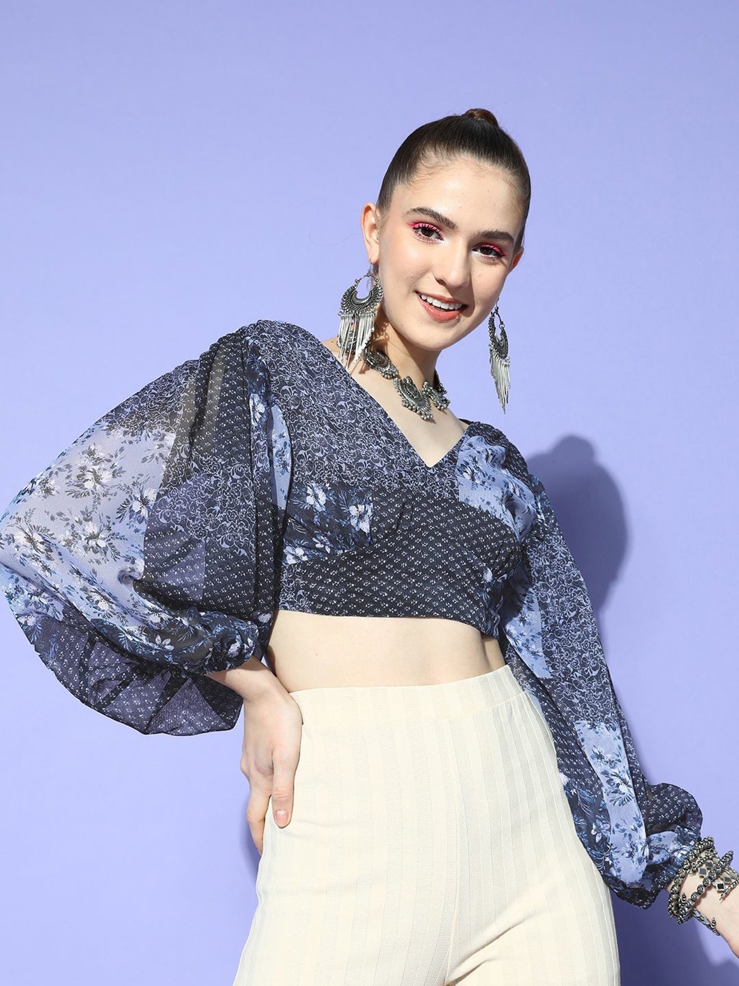 Prakrti Blue Printed Crop Top