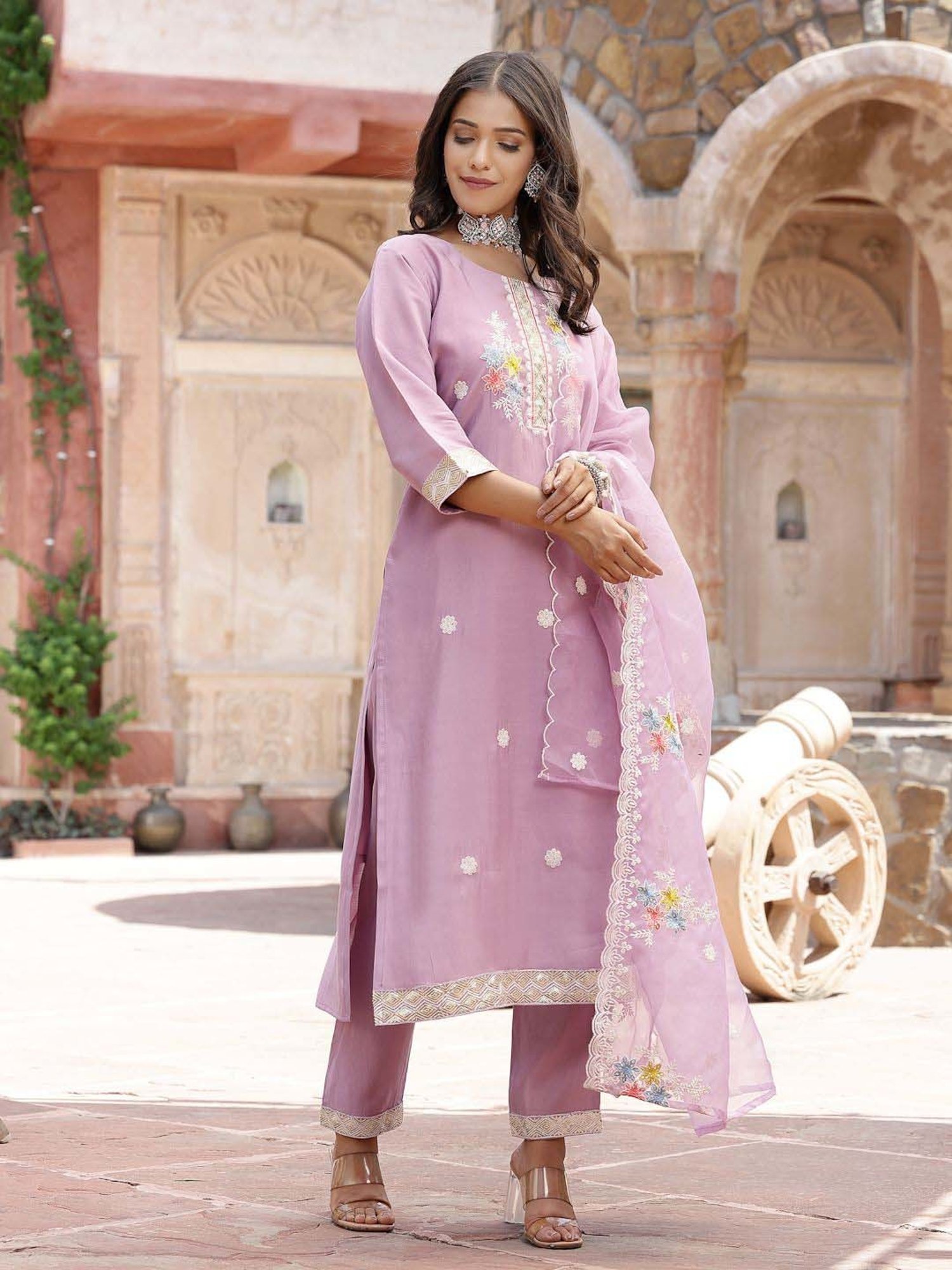 Stylum Purple Embroidered Kurta Pant Set With Dupatta