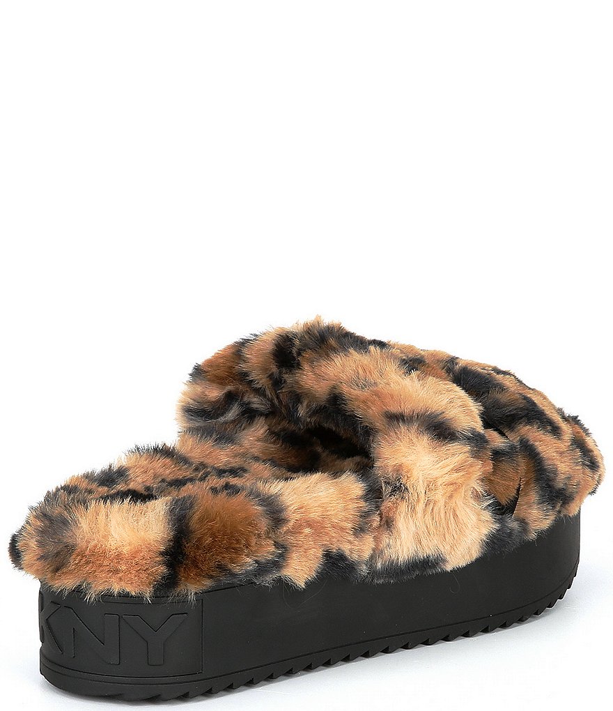 DKNY Palz Leopard Print Faux Fur Signature Logo Platform Slides