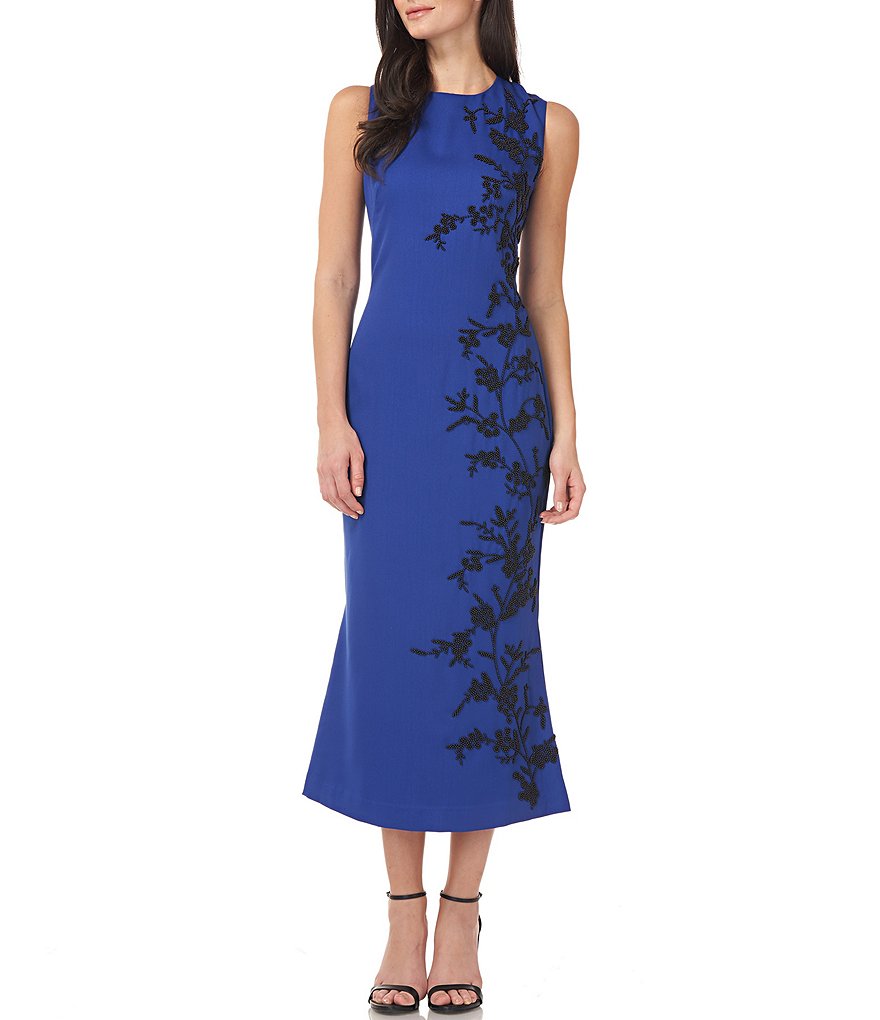 JS Collections Floral Bead Applique Stretch Crepe Sleeveless Crew Neck Midi Dress