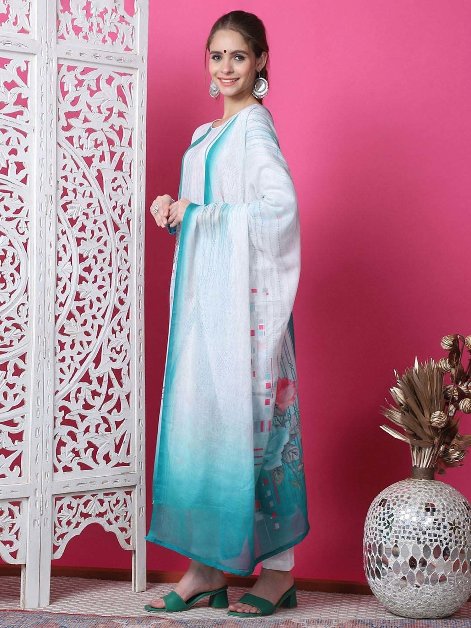 Stylee LIFESTYLE White & Blue Cotton Printed Unstitched Dress Material