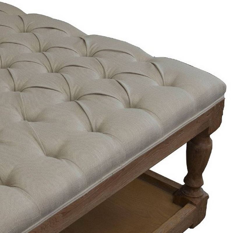 Tufted Fabric Ottoman Table with Open Shelf and Turned Legs Brown - Benzara