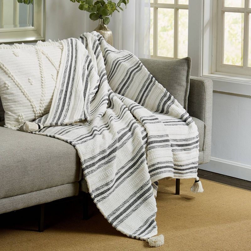 50"x60" Woven Striped Throw Blanket with Corner Tassels Black - Patina Vie