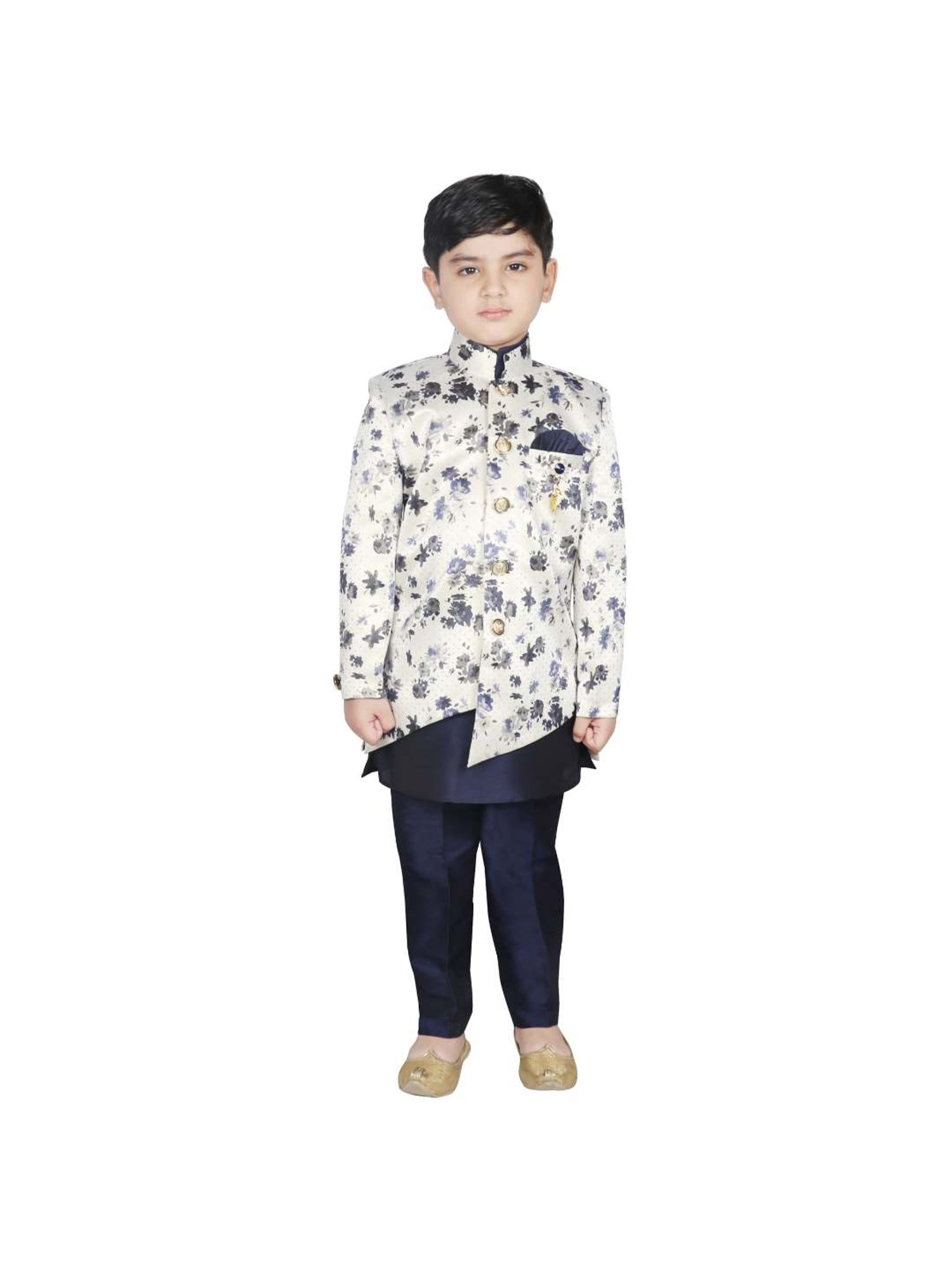 SG Yuvraj Kids Navy & White Floral Print Kurta with Pyjama