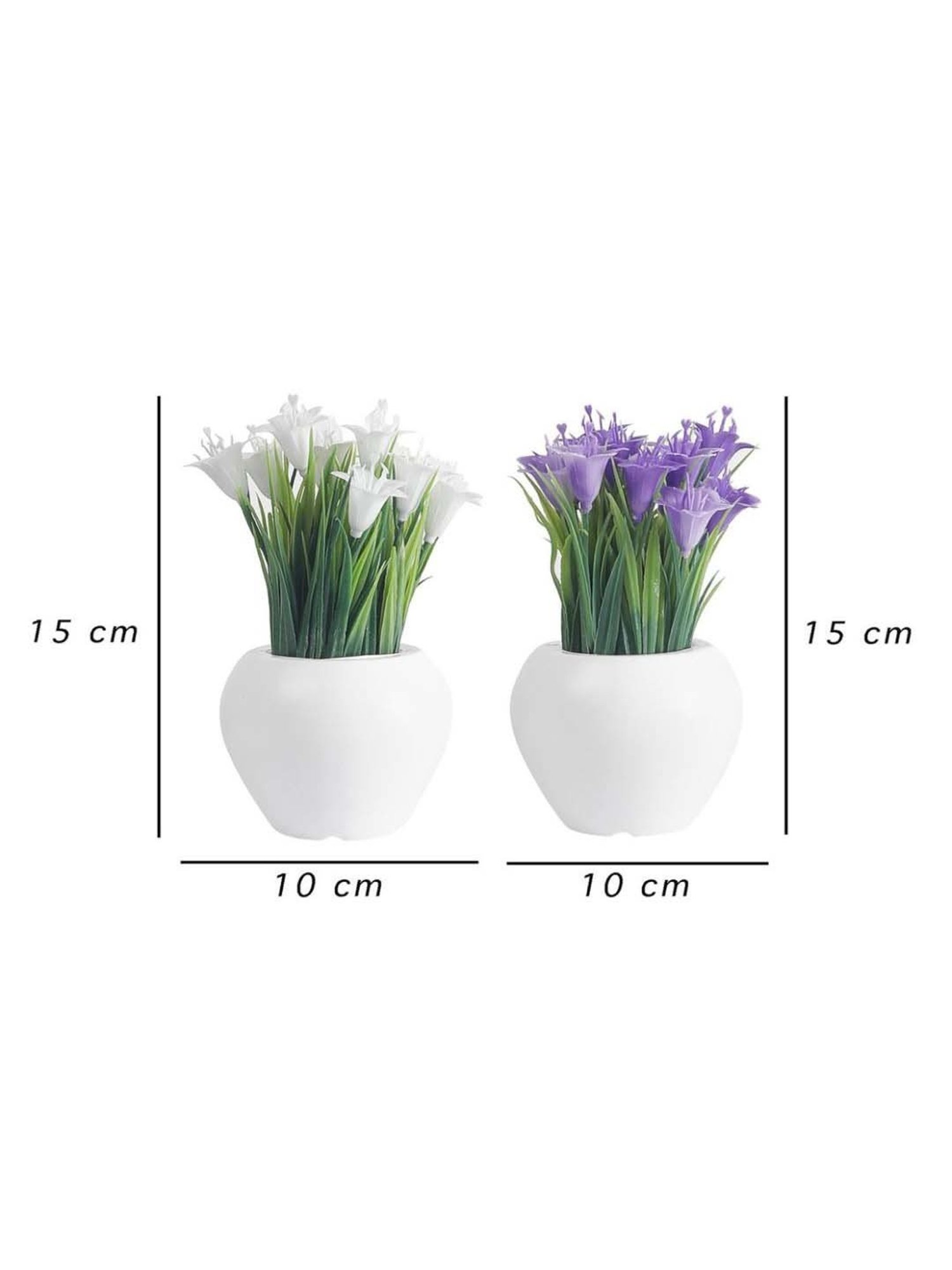 Foliyaj White & Purple Plastic Artificial Mini Lily Plant With Thin Long Leaves - Set of 2