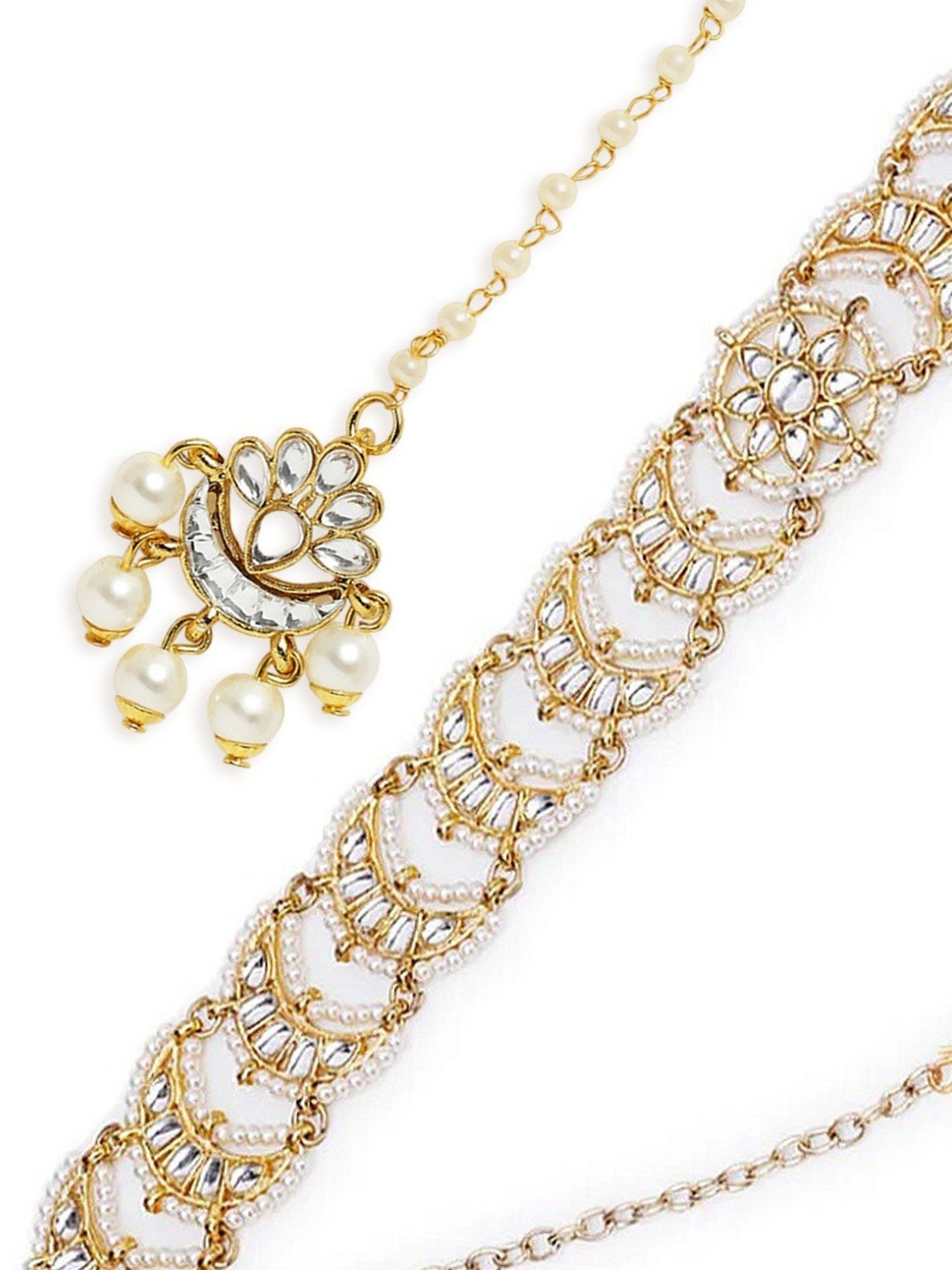 Oomph Gold Tone Kundan & Pearls Jadau Matha Patti & Maang Tikka - Set of 2