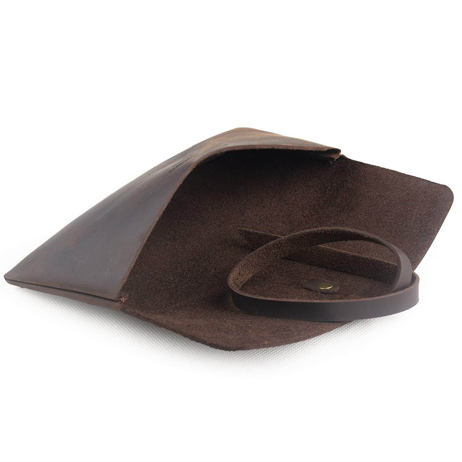 ANCICRAFT Vintage Soft Genuine Leather Pencil Pen Case Pouch Holder Bag Pocket with Retro Key Dark Brown Gift (Dark brown with key)