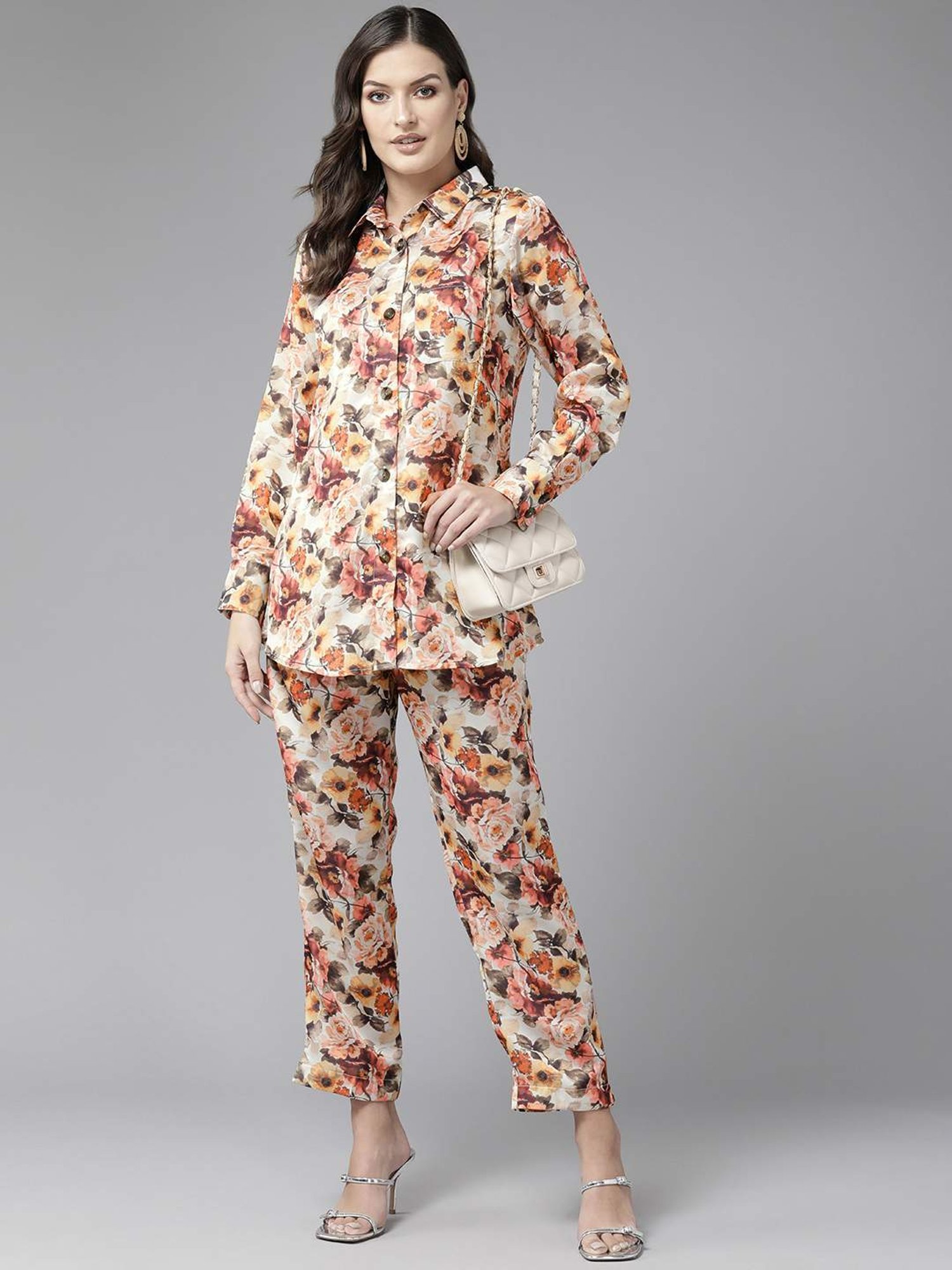 Aarika Beige Floral Print Shirt Pant Set