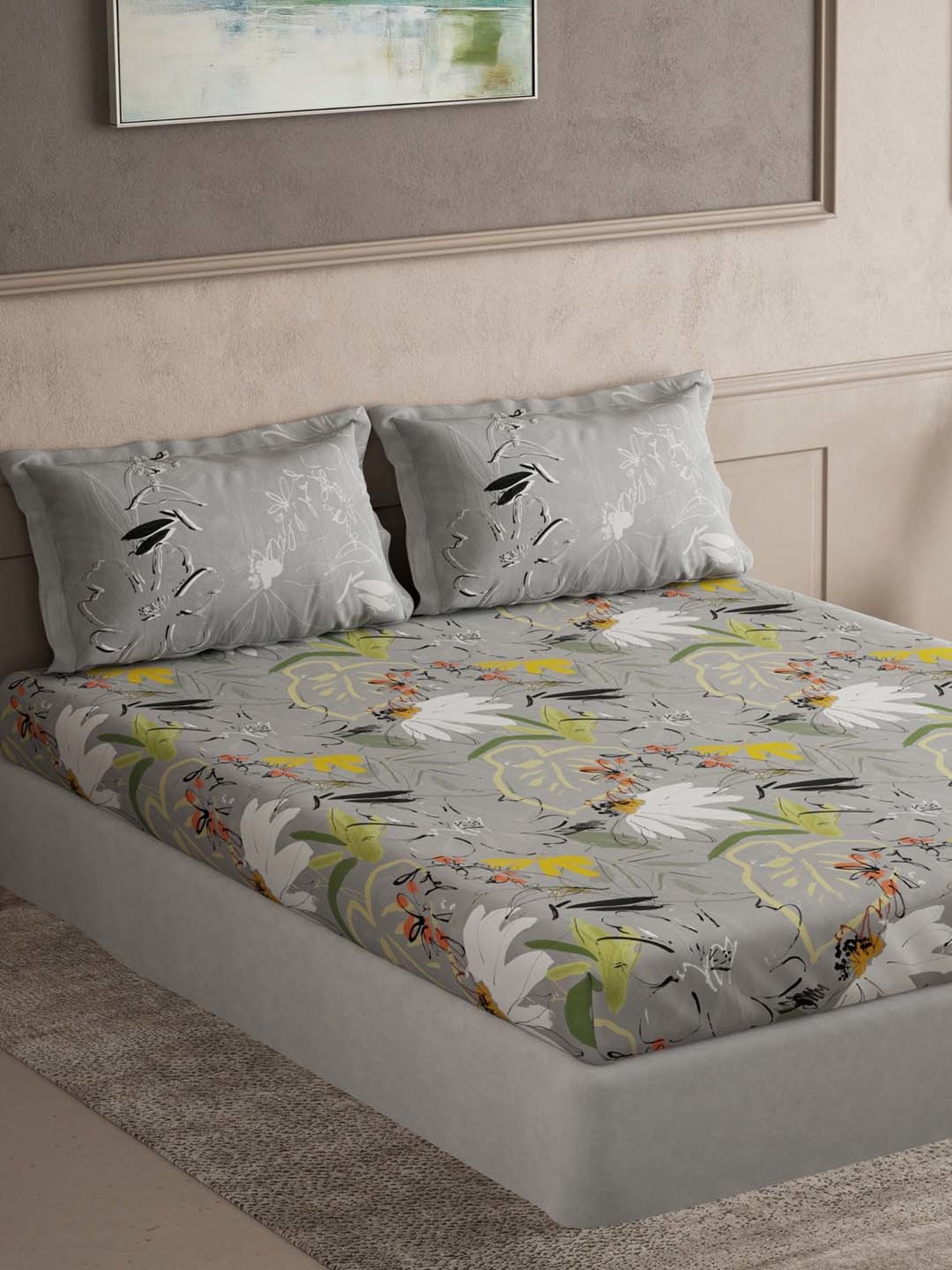 Ddecor Live beautiful The Elemental Grey 144 TC Cotton Queen Bedsheet with 2 Pillow Covers