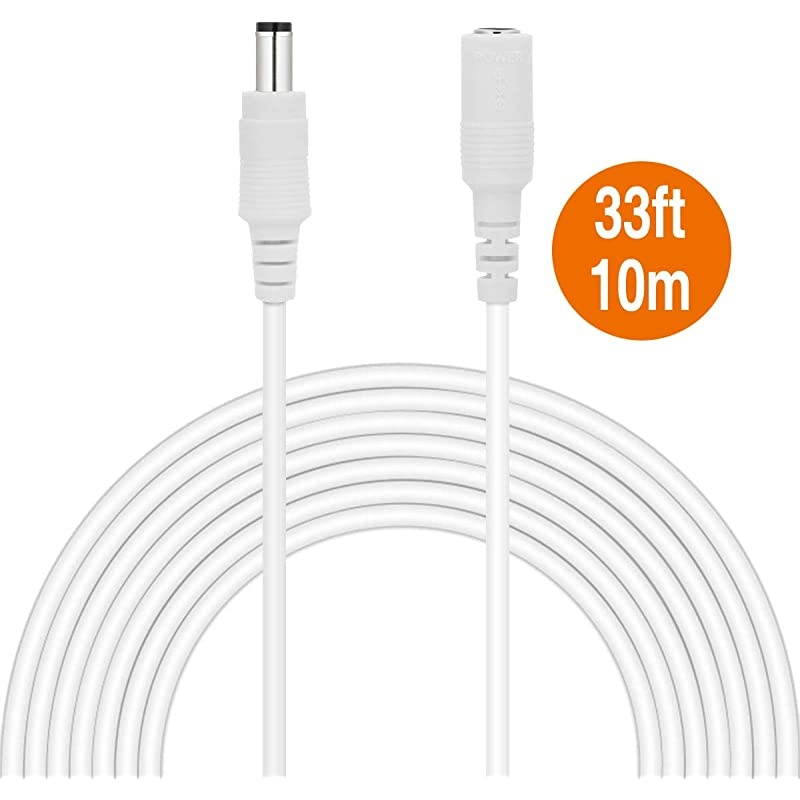 Power Extension Cable 10M 33Ft 21mm x 55mm Compatible with 12V DC Adapter Cord for CCTV Security Camera System NVR DVR and Standalone IP CameraWhite