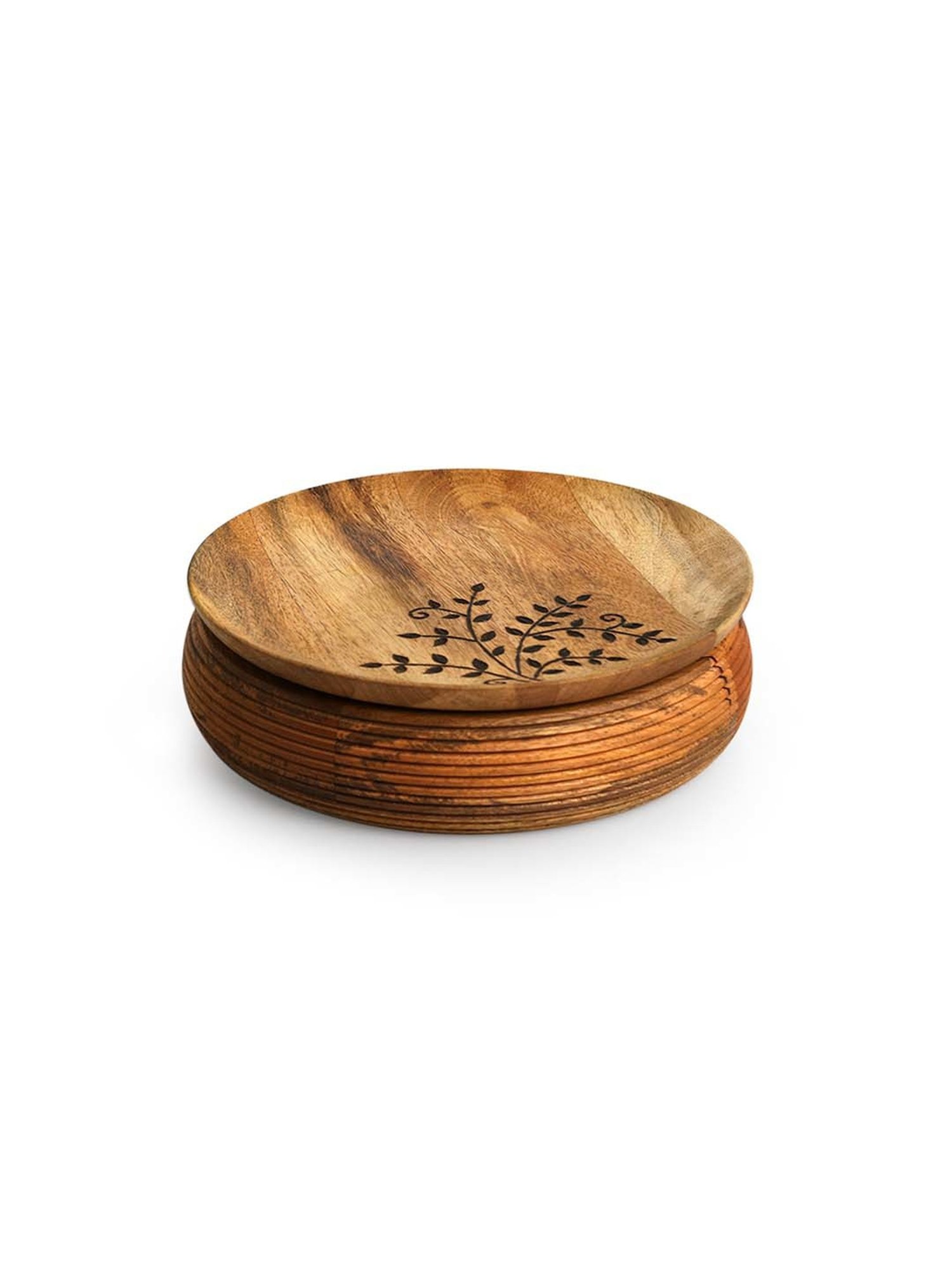 ExclusiveLane Light Brown Mango Wood Burnt Leaf Handcrafted Spice Box with Spoon & Containers