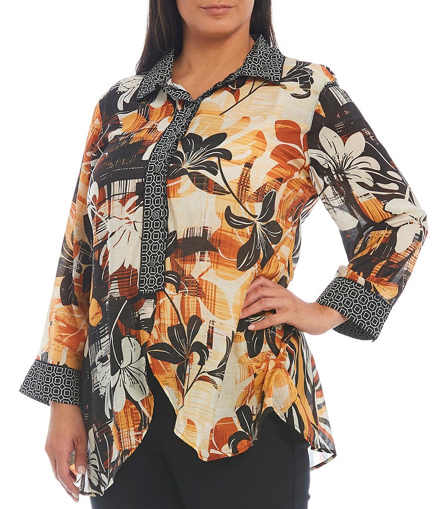 Multiples Plus Size Floral & Geo Border Print Point Collar 3/4 Sleeve Button Down Hi-Low Hem Shirt