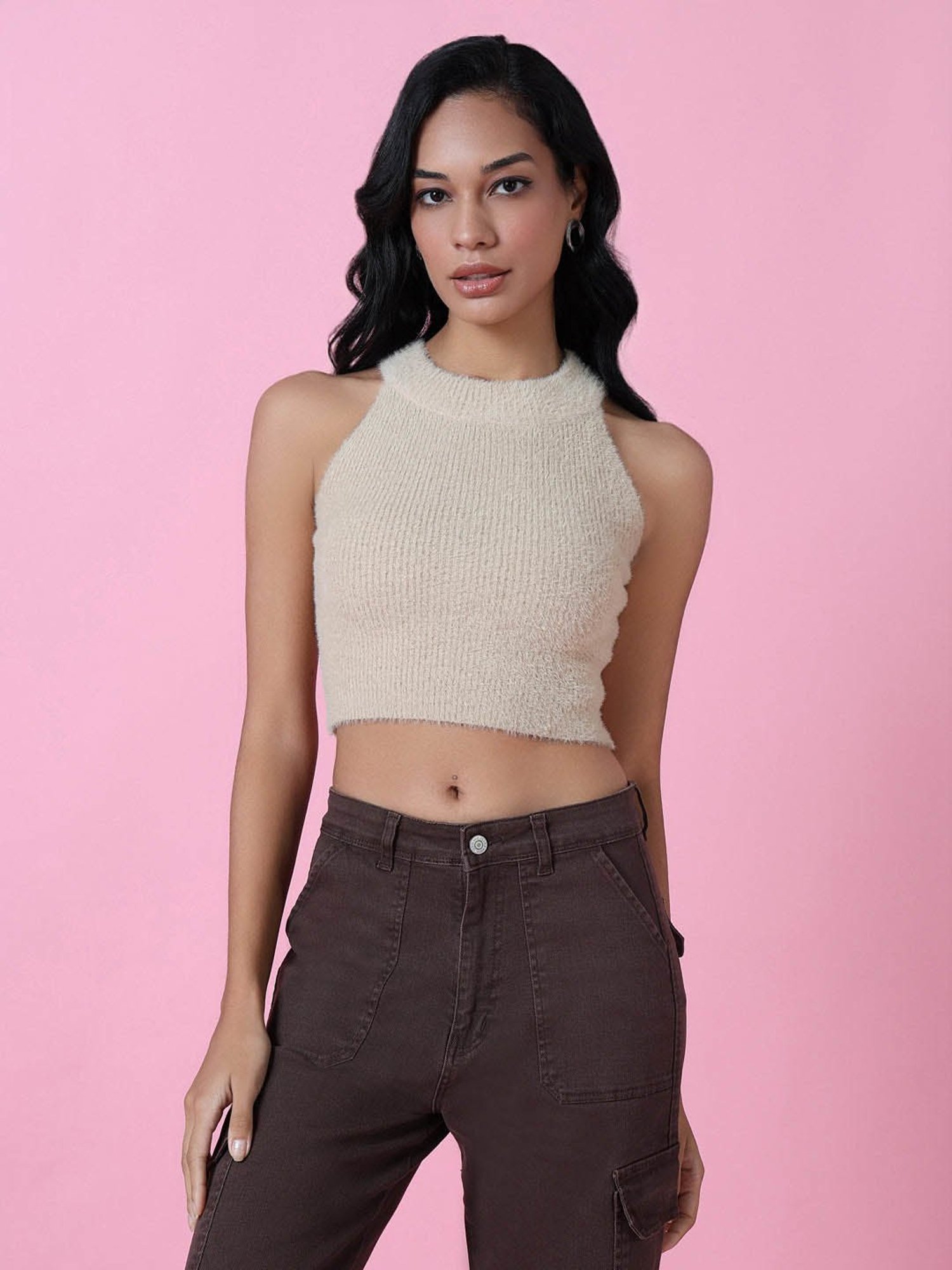 SHOWOFF Beige Regular Fit Crop Top