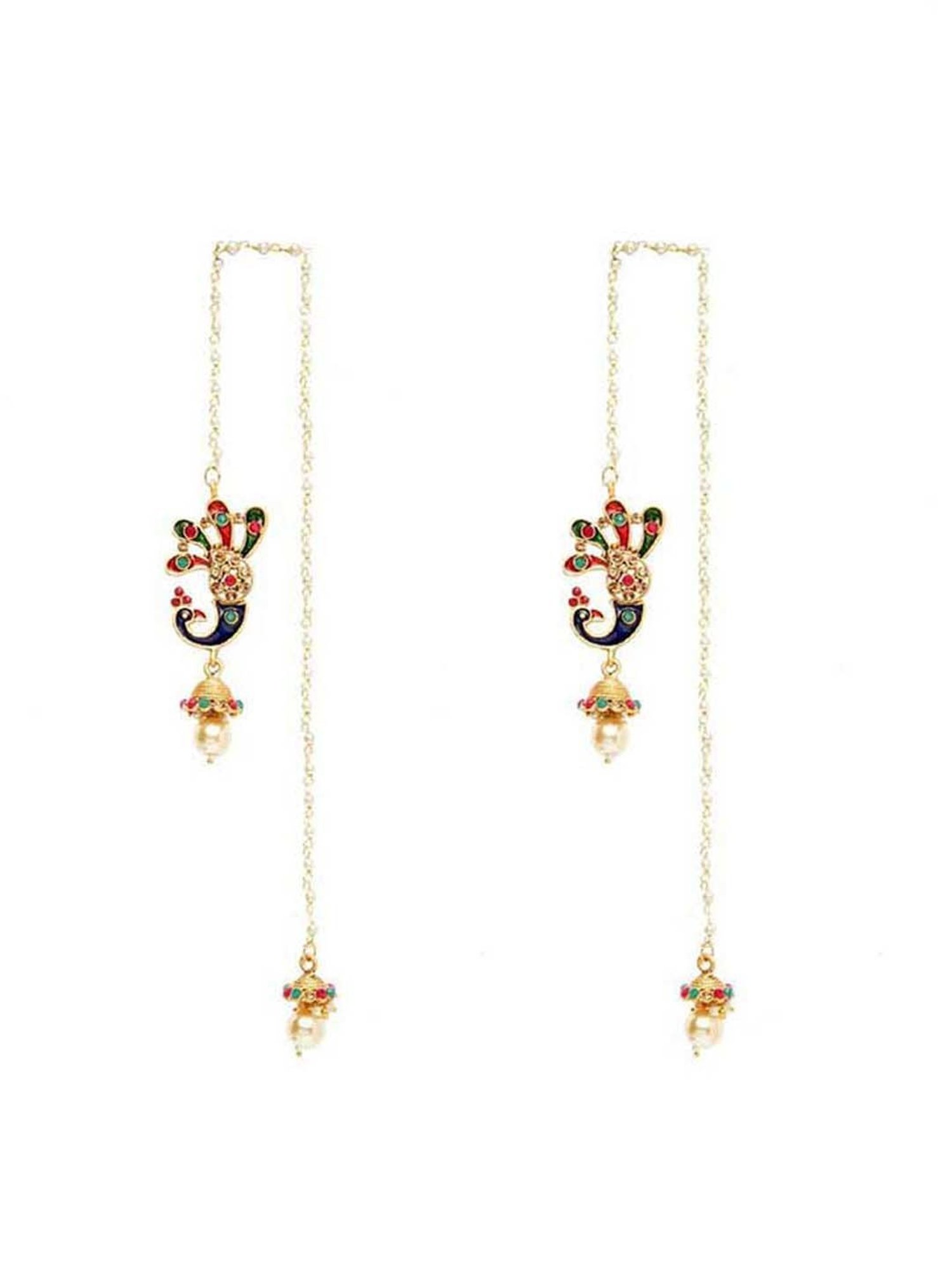 Panash Gold-Plated Peacock Shaped Meenakari Long Jhumki Earrings