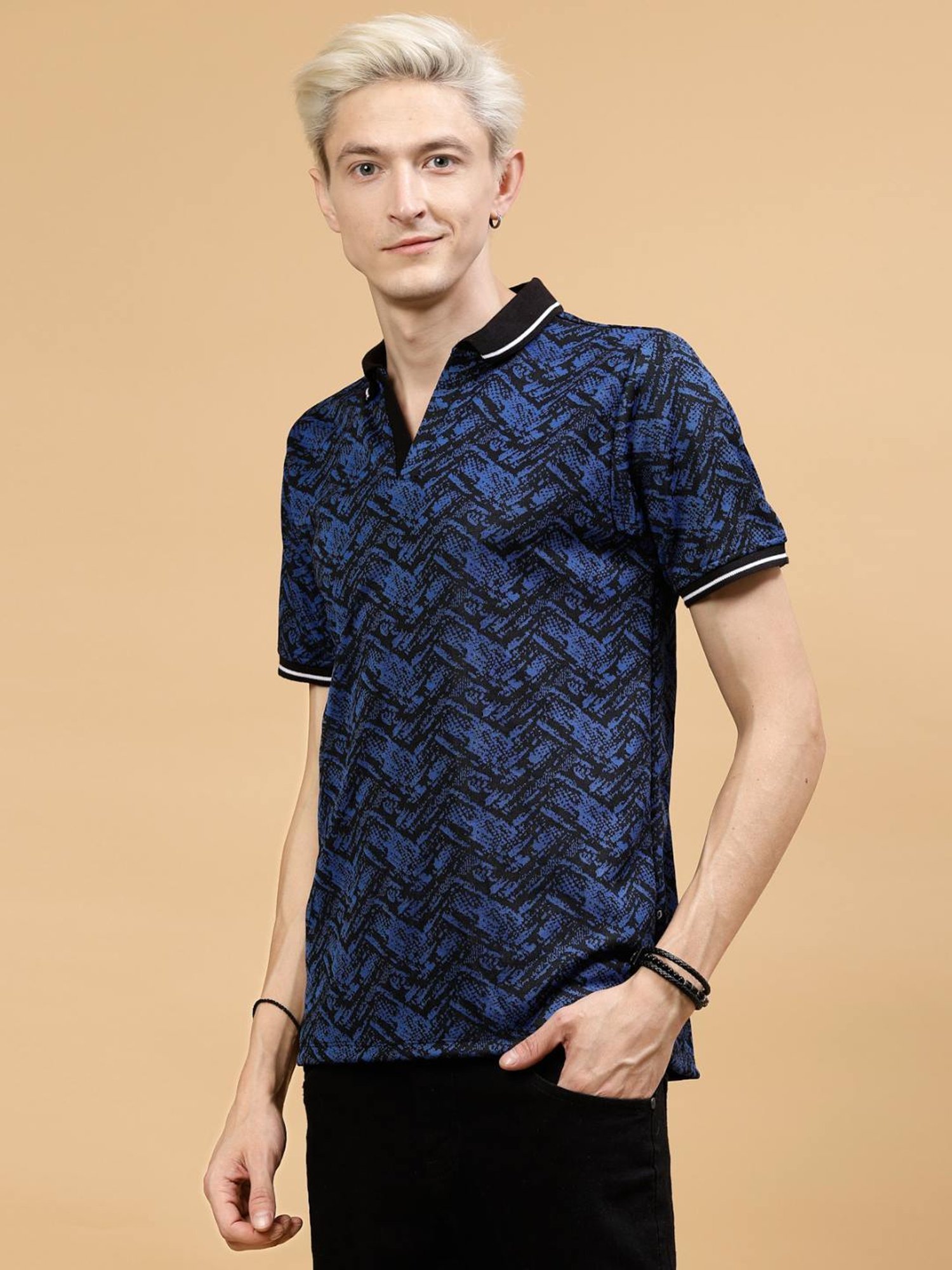 Rigo Blue Slim Fit Printed Polo T-Shirt