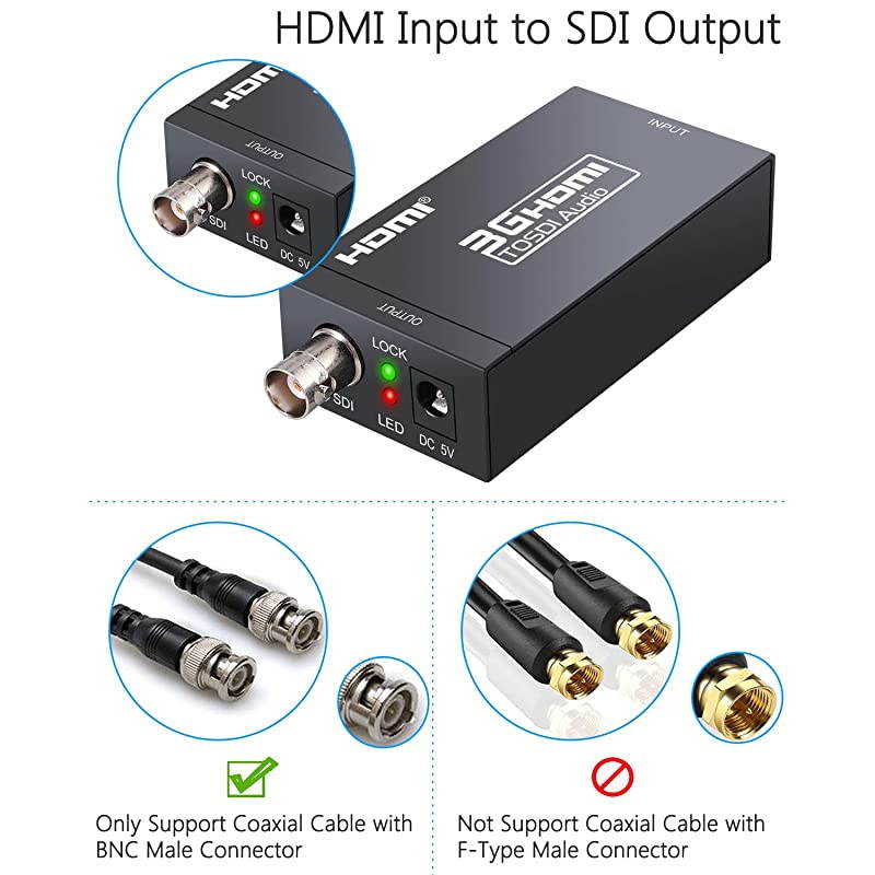 HDMI to SDI HDMI to SDI Converter Full HD 1080P HDMI SDI Adapter Audio Video Converter with DC 5V 1A Power Adapter Support SDIHDSDI3GSDI Signals for Camera Home Theater