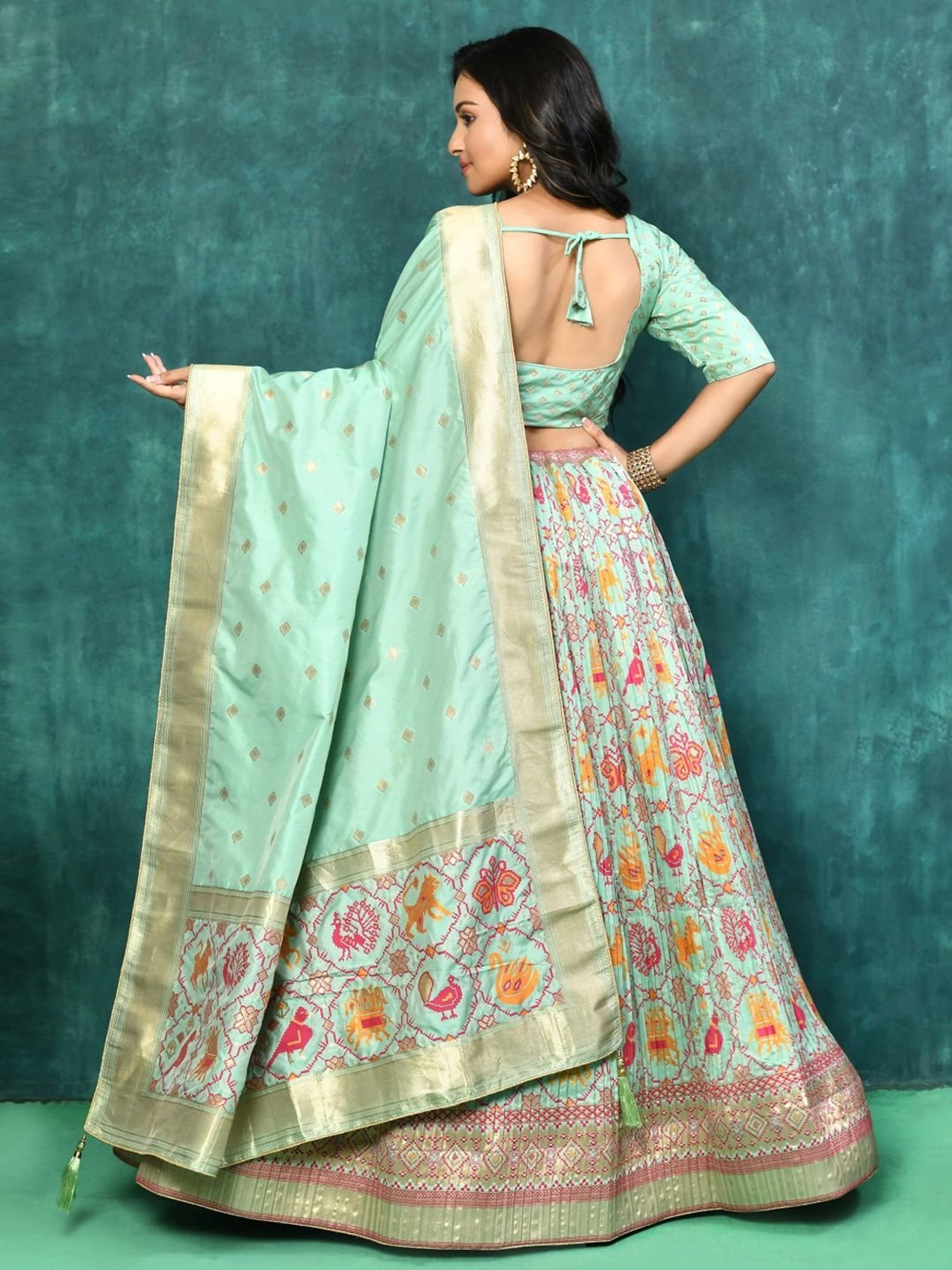 Elora Turquoise Woven Pattern Semi Stitched Lehenga Choli Set With Dupatta