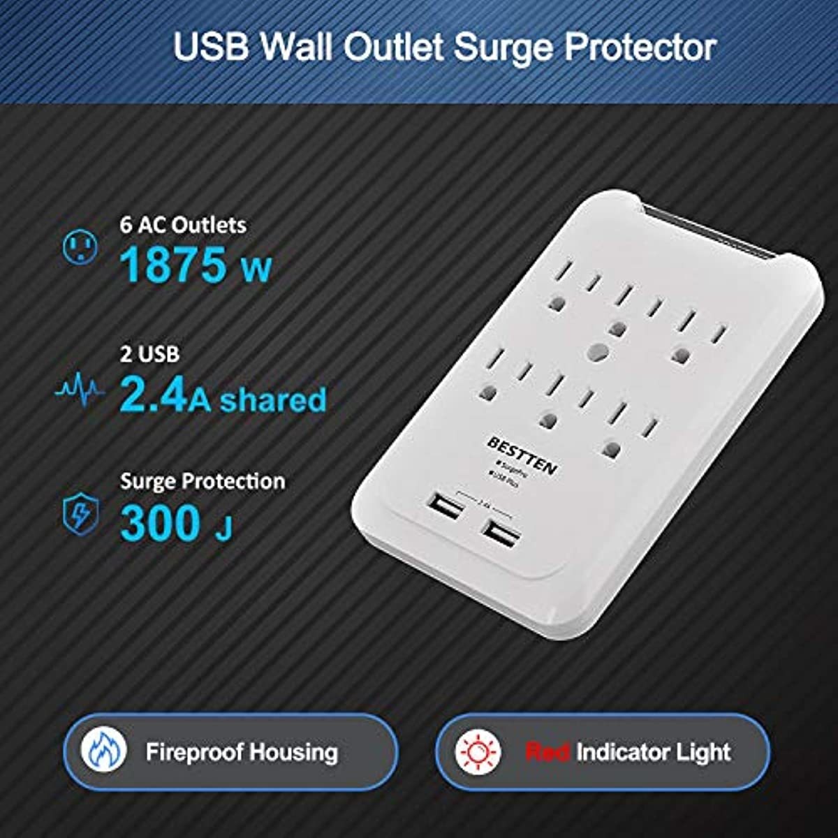 BESTTEN 6-Outlet Wall Mount Surge Protector with Dual USB Charging Ports (5V/2.4A), 15A/125V/1875W, ETL Certified, White